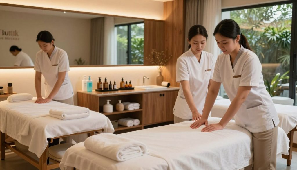 A serene spa center interior showcasing professional massage therapists demonstrating high hygiene standards. In the foreground, two therapists in clean, professional attire are preparing massage tables with fresh, sanitized linens. The middle section features a well-organized space displaying essential hygiene supplies such as hand sanitizers, towels, and essential oils in elegant containers. Soft, warm lighting creates a calming atmosphere, highlighting the elegant wooden decor and plush accessories. The background reveals tranquil greenery through large windows, enhancing the sense of peace. A subtle branding element for "Butik Massage" is integrated into the decor, conveying professionalism. The composition captures the importance of hygiene in spa settings, inviting clients into a safe and relaxing environment. A serene spa center interior showcasing professional massage therapists demonstrating high hygiene standards. In the foreground, two therapists in clean, professional attire are preparing massage tables with fresh, sanitized linens. The middle section features a well-organized space displaying essential hygiene supplies such as hand sanitizers, towels, and essential oils in elegant containers. Soft, warm lighting creates a calming atmosphere, highlighting the elegant wooden decor and plush accessories. The background reveals tranquil greenery through large windows, enhancing the sense of peace. A subtle branding element for "Butik Massage" is integrated into the decor, conveying professionalism. The composition captures the importance of hygiene in spa settings, inviting clients into a safe and relaxing environment.