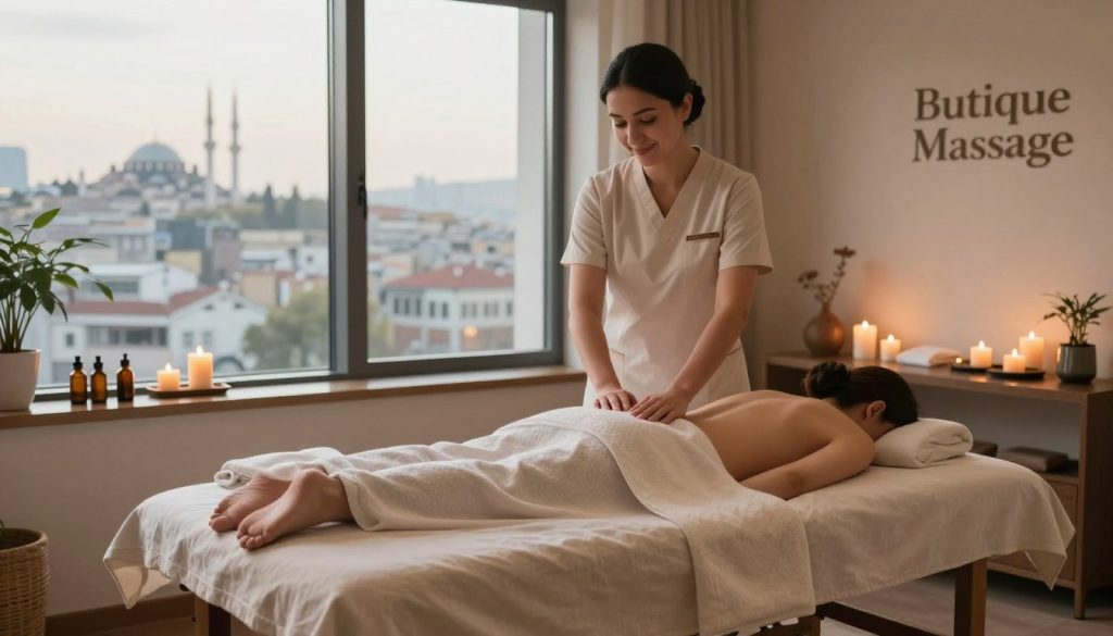 A serene spa environment showcasing a tranquil massage room at "Butique Massage" in Istanbul. In the foreground, a massage table with a soft, inviting linen cover awaits a client, surrounded by soothing candles and aromatic essential oils. The middle layer features a professional therapist in modest, professional attire preparing for a relaxing massage, with a gentle smile that conveys calmness. In the background, large windows reveal the Istanbul skyline, with soft natural light filtering in, creating a warm and peaceful atmosphere. The overall mood is one of relaxation and rejuvenation, emphasizing the perfect timing for a massage after a long flight. The composition captures the essence of relaxation and the importance of self-care, ideal for travelers seeking to unwind.