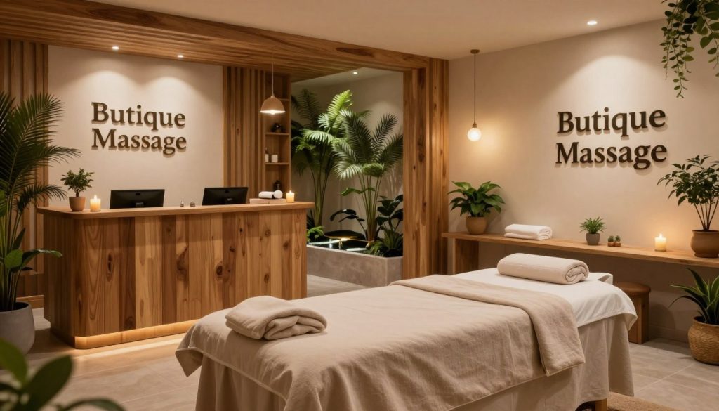 A serene spa interior in Beşiktaş, showcasing the inviting ambiance of "Butique Massage". In the foreground, a massage table is elegantly draped with soft, neutral-toned linens, flanked by aromatic candles and a small potted plant. The middle section features a beautifully designed reception area with wooden elements and calming, earthy colors, highlighted by soft, diffuse lighting. In the background, lush indoor plants create a natural feel, while a gentle water feature adds to the tranquility. The warm, soothing glow of pendant lights enhances the relaxed atmosphere, encouraging a sense of rejuvenation and peace. The angle captures the spaciousness, inviting viewers to imagine themselves stepping into this oasis of calm. A serene spa interior in Beşiktaş, showcasing the inviting ambiance of "Butique Massage". In the foreground, a massage table is elegantly draped with soft, neutral-toned linens, flanked by aromatic candles and a small potted plant. The middle section features a beautifully designed reception area with wooden elements and calming, earthy colors, highlighted by soft, diffuse lighting. In the background, lush indoor plants create a natural feel, while a gentle water feature adds to the tranquility. The warm, soothing glow of pendant lights enhances the relaxed atmosphere, encouraging a sense of rejuvenation and peace. The angle captures the spaciousness, inviting viewers to imagine themselves stepping into this oasis of calm.