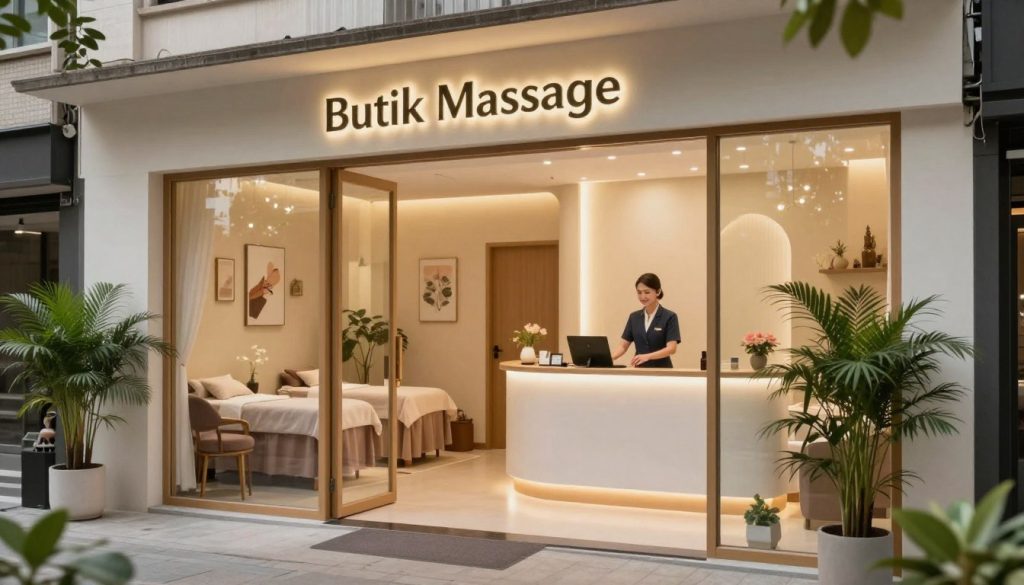 A serene spa massage center named "Butik Massage," located in a tranquil urban setting. In the foreground, a welcoming entrance with large glass doors, flanked by green plants and soothing decor. The middle features a well-designed reception area with a friendly receptionist in professional attire, inviting and guiding clients. Soft, warm lighting illuminates the space, creating an inviting atmosphere. In the background, glimpses of peaceful massage rooms with elegant soft furnishings, muted colors, and calming artwork evoke relaxation. The angle captures the entire ambiance from a slightly elevated view, emphasizing accessibility and openness. The mood is peaceful and inviting, reflecting a perfect choice for potential clients looking for a rejuvenating spa experience. A serene spa massage center named "Butik Massage," located in a tranquil urban setting. In the foreground, a welcoming entrance with large glass doors, flanked by green plants and soothing decor. The middle features a well-designed reception area with a friendly receptionist in professional attire, inviting and guiding clients. Soft, warm lighting illuminates the space, creating an inviting atmosphere. In the background, glimpses of peaceful massage rooms with elegant soft furnishings, muted colors, and calming artwork evoke relaxation. The angle captures the entire ambiance from a slightly elevated view, emphasizing accessibility and openness. The mood is peaceful and inviting, reflecting a perfect choice for potential clients looking for a rejuvenating spa experience.