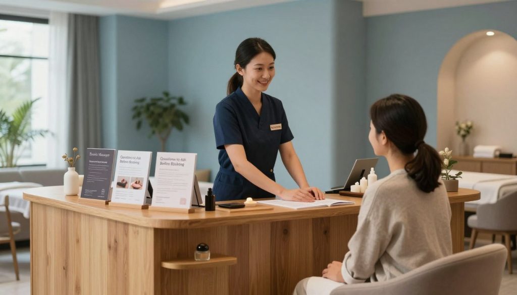 A serene spa massage center reception area designed in a calming color palette of soft blues and earthy tones. In the foreground, a beautifully arranged wooden reception desk with a welcoming atmosphere. A friendly staff member in professional attire stands behind the desk, engaging with a client seated comfortably in a plush chair, both appearing relaxed and open to conversation. In the middle ground, various wellness brochures and informational pamphlets titled "Questions to Ask Before Booking" are artistically displayed. The background features softly lit treatment rooms with soothing décor, providing an ambiance of tranquility. Gentle natural light filters through large windows, enhancing the peaceful vibe. The image conveys a sense of professionalism and comfort, inviting potential clients to inquire about services at "Butik Massage". A serene spa massage center reception area designed in a calming color palette of soft blues and earthy tones. In the foreground, a beautifully arranged wooden reception desk with a welcoming atmosphere. A friendly staff member in professional attire stands behind the desk, engaging with a client seated comfortably in a plush chair, both appearing relaxed and open to conversation. In the middle ground, various wellness brochures and informational pamphlets titled "Questions to Ask Before Booking" are artistically displayed. The background features softly lit treatment rooms with soothing décor, providing an ambiance of tranquility. Gentle natural light filters through large windows, enhancing the peaceful vibe. The image conveys a sense of professionalism and comfort, inviting potential clients to inquire about services at "Butik Massage".