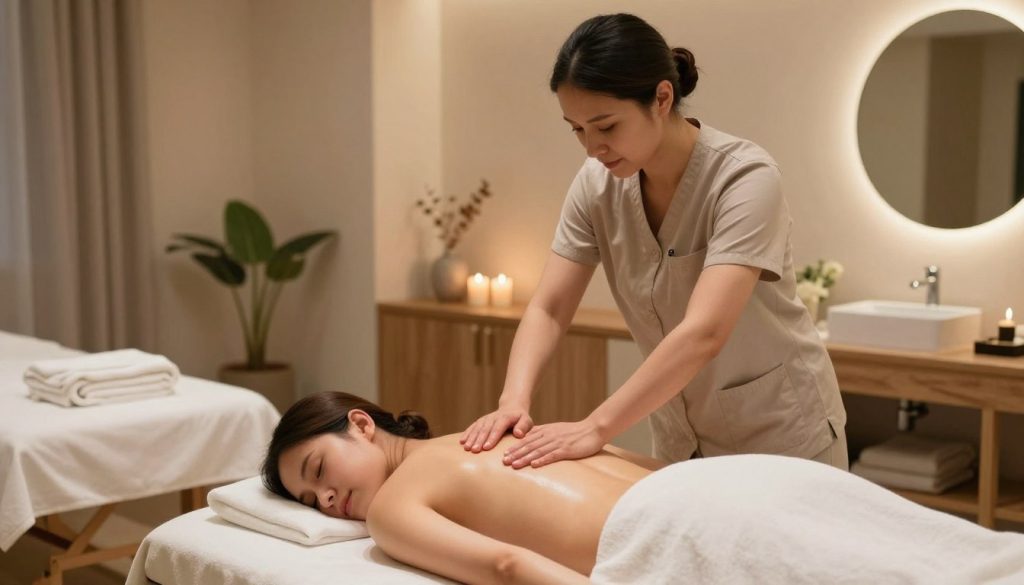 A serene spa setting depicting a Swedish back massage technique demonstration in Istanbul. In the foreground, a professional massage therapist, dressed in modest casual clothing, is shown performing a gentle back massage on a client lying on a massage table. The therapist uses classic Swedish techniques, applying smooth, flowing strokes. In the middle ground, a modern, stylish spa room is adorned with soft, calming colors and natural materials, like wood and stone. The lighting is warm and inviting, creating a relaxing atmosphere. In the background, subtle decorations such as candles and soothing plants enhance the tranquil environment. "Butique Massage" branding is subtly incorporated into the decor. The overall mood conveys relaxation and professionalism, focusing on wellness and holistic care. A serene spa setting depicting a Swedish back massage technique demonstration in Istanbul. In the foreground, a professional massage therapist, dressed in modest casual clothing, is shown performing a gentle back massage on a client lying on a massage table. The therapist uses classic Swedish techniques, applying smooth, flowing strokes. In the middle ground, a modern, stylish spa room is adorned with soft, calming colors and natural materials, like wood and stone. The lighting is warm and inviting, creating a relaxing atmosphere. In the background, subtle decorations such as candles and soothing plants enhance the tranquil environment. "Butique Massage" branding is subtly incorporated into the decor. The overall mood conveys relaxation and professionalism, focusing on wellness and holistic care.