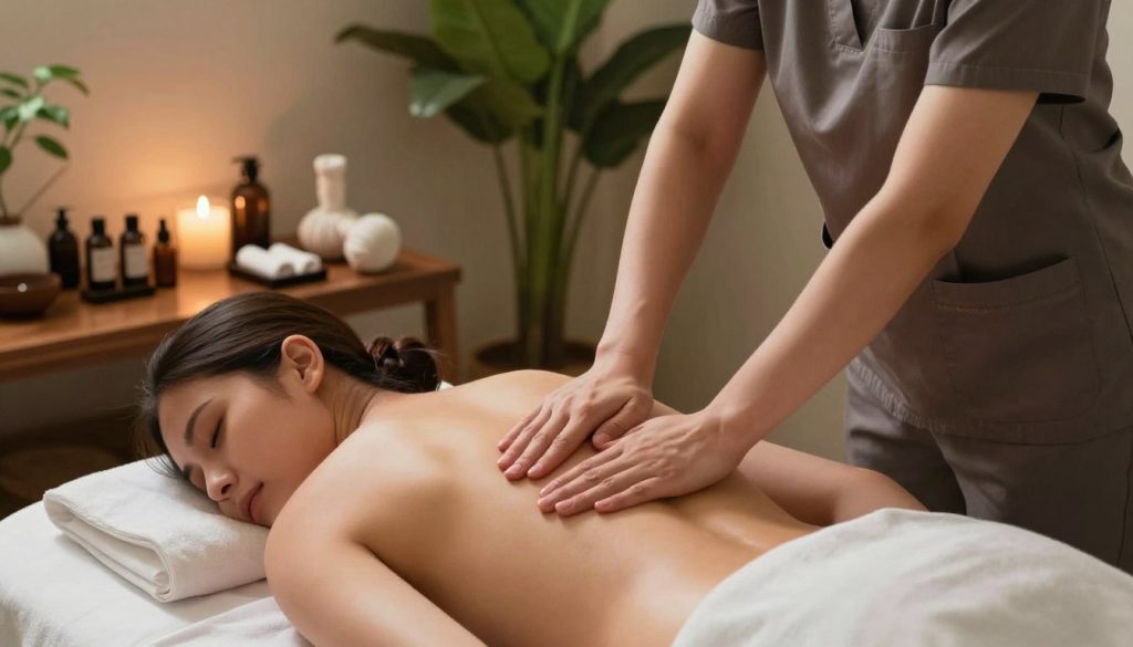 A serene spa setting featuring a massage therapist demonstrating circulation improvement massage pressure techniques on a client. The foreground shows the therapist, dressed in professional attire, applying focused pressure to the client's back using the palm of their hands. The client is clothed in modest attire, showing a relaxed facial expression. In the middle ground, various massage tools and oils are neatly arranged on a sleek wooden table. The background features a calming ambiance with soft ambient lighting, and lush green plants, creating a tranquil atmosphere. The scene is captured from a dynamic angle to emphasize the interaction between the therapist and client. The brand name "Butik Massage" is subtly integrated into the overall composition. A serene spa setting featuring a massage therapist demonstrating circulation improvement massage pressure techniques on a client. The foreground shows the therapist, dressed in professional attire, applying focused pressure to the client's back using the palm of their hands. The client is clothed in modest attire, showing a relaxed facial expression. In the middle ground, various massage tools and oils are neatly arranged on a sleek wooden table. The background features a calming ambiance with soft ambient lighting, and lush green plants, creating a tranquil atmosphere. The scene is captured from a dynamic angle to emphasize the interaction between the therapist and client. The brand name "Butik Massage" is subtly integrated into the overall composition.