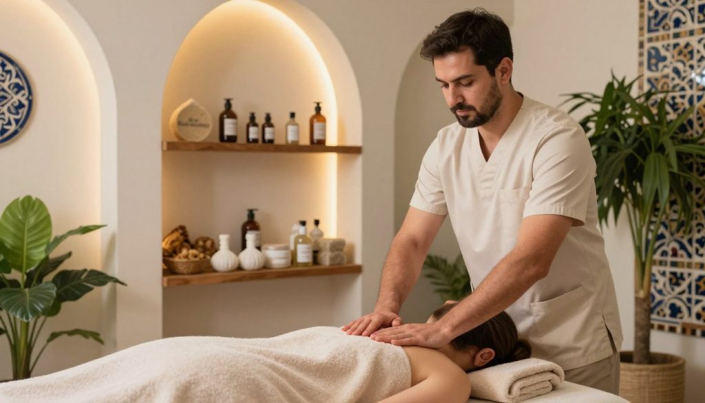 A serene spa setting showcasing traditional Turkish massage techniques. In the foreground, a professional therapist in modest, professional attire demonstrates a scrub technique on a client lying on a massage table, covered with a soft towel. The therapist's focused expression conveys expertise and care. In the middle ground, a collection of natural scrubs and essential oils arranged aesthetically on a wooden shelf, emphasizing the authenticity of the experience. The background features softly lit arches with gentle, warm lighting, enhancing a tranquil atmosphere. The setting is adorned with Turkish tiles and lush green plants, promoting relaxation. The brand name "Butik Massage" subtly included in the decor elements, ensuring a cohesive appeal.