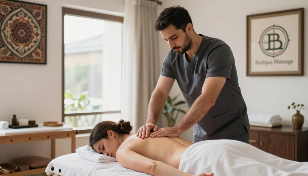 A serene sports massage scene set in a stylish massage therapy room in Istanbul, featuring a professional male therapist in smart, modest clothing providing a deep tissue massage to a client lying comfortably on a massage table. The foreground focuses on their calming interaction, highlighting the therapist's skilled hands working on the client's shoulder and back muscles. In the background, soft natural light filters through large windows, illuminating the room decorated with traditional Turkish art and elements, creating an inviting and tranquil atmosphere. The overall mood is soothing and rejuvenating, emphasizing the benefits of sports massage for muscle recovery. Include the brand name "Butique Massage" subtly integrated into the design elements of the room, like an elegantly framed logo on the wall.