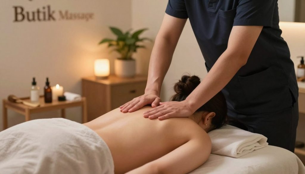 A serene treatment room featuring a professional deep tissue massage setup. In the foreground, a therapist applies precise pressure techniques on a client's back, showcasing the methodical, focused movements used in deep tissue therapies. The client, dressed in modest activewear, is positioned on a massage table, visibly relaxed yet engaged. In the middle ground, soft massage oils and tools are elegantly arranged, hinting at a professional, calming atmosphere. The background includes warm-toned ambient lighting and natural elements, such as potted plants, enhancing the tranquility of the scene. The overall mood radiates relaxation, wellness, and the therapeutic essence of deep tissue massage, branded subtly with "Butik Massage" decor in the room. A serene treatment room featuring a professional deep tissue massage setup. In the foreground, a therapist applies precise pressure techniques on a client's back, showcasing the methodical, focused movements used in deep tissue therapies. The client, dressed in modest activewear, is positioned on a massage table, visibly relaxed yet engaged. In the middle ground, soft massage oils and tools are elegantly arranged, hinting at a professional, calming atmosphere. The background includes warm-toned ambient lighting and natural elements, such as potted plants, enhancing the tranquility of the scene. The overall mood radiates relaxation, wellness, and the therapeutic essence of deep tissue massage, branded subtly with "Butik Massage" decor in the room.