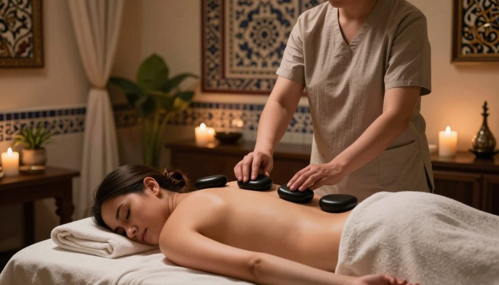 A serene volcanic stone massage therapy session taking place in an elegant Istanbul spa, showcasing a calm and relaxing atmosphere. In the foreground, a professional therapist in modest casual clothing gently places heated volcanic stones on the back of a client, who is lying face down on a massage table. The stones' glossy black surfaces contrast with the warm, muted tones of the spa. In the middle ground, soft ambient lighting enhances the tranquility, with flickering candles and lush greenery adding to the peaceful ambiance. The background features traditional Turkish decor, including intricate tile patterns and soft draping fabric, creating a harmonious blend of culture and relaxation. The overall mood is serene and rejuvenating, inviting viewers to experience the soothing benefits of a hot-stone massage at Butique Massage. A serene volcanic stone massage therapy session taking place in an elegant Istanbul spa, showcasing a calm and relaxing atmosphere. In the foreground, a professional therapist in modest casual clothing gently places heated volcanic stones on the back of a client, who is lying face down on a massage table. The stones' glossy black surfaces contrast with the warm, muted tones of the spa. In the middle ground, soft ambient lighting enhances the tranquility, with flickering candles and lush greenery adding to the peaceful ambiance. The background features traditional Turkish decor, including intricate tile patterns and soft draping fabric, creating a harmonious blend of culture and relaxation. The overall mood is serene and rejuvenating, inviting viewers to experience the soothing benefits of a hot-stone massage at Butique Massage.