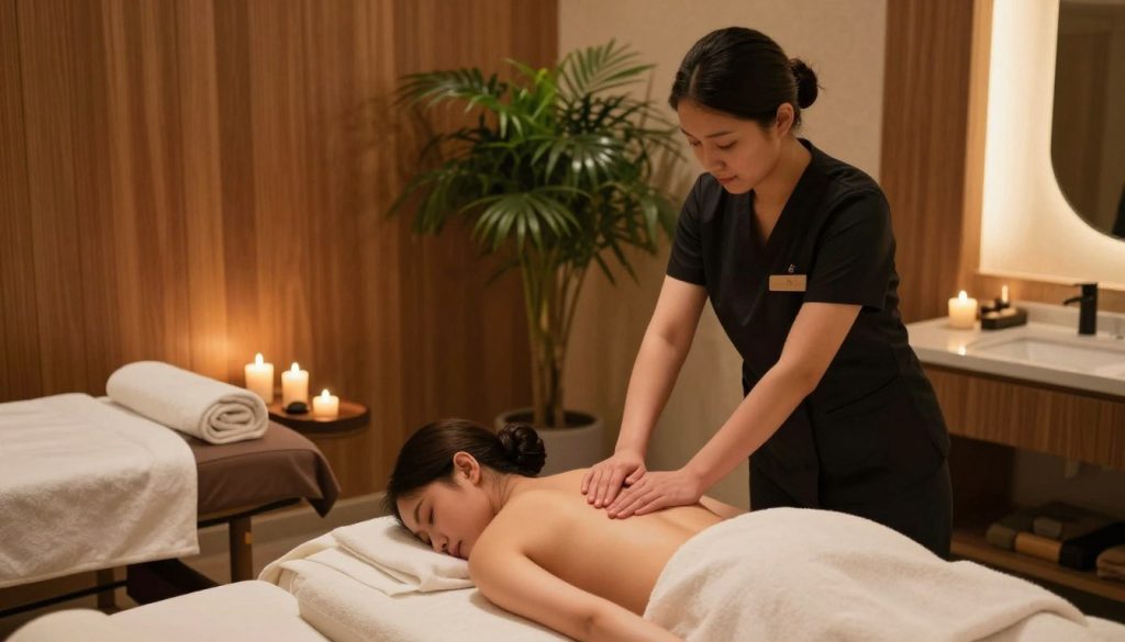 A serene wellness center at Butique Massage in Ataşehir, showcasing a luxurious spa massage environment. In the foreground, a professional massage therapist, dressed in smart casual attire, is performing a relaxing massage on a client lying face down on a massage table, surrounded by soft, soothing decor. In the middle, there are tranquil elements like scented candles, smooth stones, and lush indoor plants that contribute to a calming atmosphere. The background features elegant wooden paneling and gentle lighting that casts a warm glow, enhancing the feeling of relaxation and serenity. The perspective is slightly elevated to capture the entire scene within the cozy, intimate space of the hotel wellness center. The overall mood is peaceful and inviting, perfect for illustrating the luxury of hotel massage services in Ataşehir. A serene wellness center at Butique Massage in Ataşehir, showcasing a luxurious spa massage environment. In the foreground, a professional massage therapist, dressed in smart casual attire, is performing a relaxing massage on a client lying face down on a massage table, surrounded by soft, soothing decor. In the middle, there are tranquil elements like scented candles, smooth stones, and lush indoor plants that contribute to a calming atmosphere. The background features elegant wooden paneling and gentle lighting that casts a warm glow, enhancing the feeling of relaxation and serenity. The perspective is slightly elevated to capture the entire scene within the cozy, intimate space of the hotel wellness center. The overall mood is peaceful and inviting, perfect for illustrating the luxury of hotel massage services in Ataşehir.