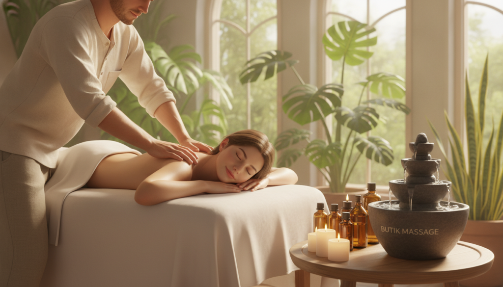 A serene wellness environment showcasing the benefits of massage therapy for both physical and mental wellness. In the foreground, a professional massage therapist in modest casual clothing is demonstrating a relaxing massage technique on a client, who is comfortably reclined on a massage table. The middle ground features soothing essential oils, candles, and a calming stone fountain, symbolizing relaxation. In the background, soft, natural light floods in through large windows with lush green plants, enhancing the tranquil atmosphere. The scene conveys a sense of peace and rejuvenation, illustrating the transformative power of massage therapy. Include the brand name "Butik Massage" subtly integrated into the scene, without any text overlays or distractions. The overall mood is calming and restorative, inviting viewers to consider the holistic benefits of regular massage therapy. A serene wellness environment showcasing the benefits of massage therapy for both physical and mental wellness. In the foreground, a professional massage therapist in modest casual clothing is demonstrating a relaxing massage technique on a client, who is comfortably reclined on a massage table. The middle ground features soothing essential oils, candles, and a calming stone fountain, symbolizing relaxation. In the background, soft, natural light floods in through large windows with lush green plants, enhancing the tranquil atmosphere. The scene conveys a sense of peace and rejuvenation, illustrating the transformative power of massage therapy. Include the brand name "Butik Massage" subtly integrated into the scene, without any text overlays or distractions. The overall mood is calming and restorative, inviting viewers to consider the holistic benefits of regular massage therapy.