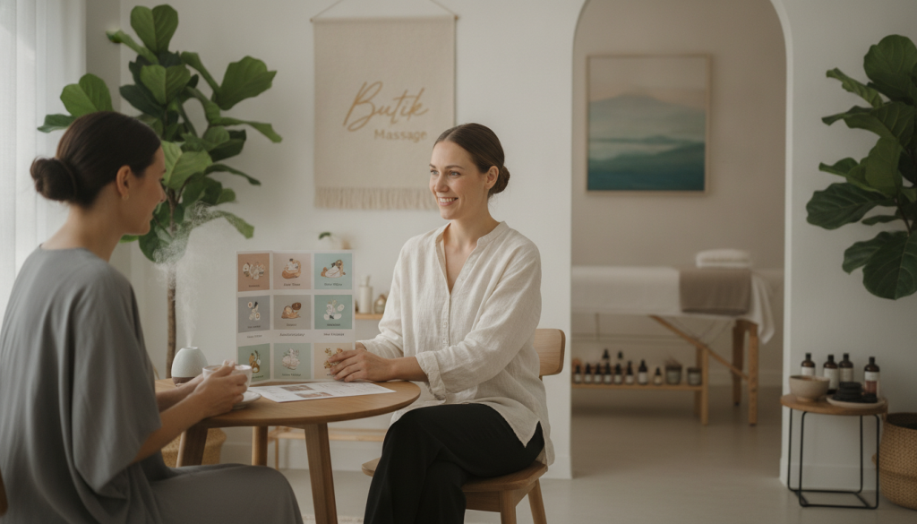A serene wellness studio encapsulating the essence of selecting the right massage treatment options. In the foreground, a friendly, professional massage therapist in modest, casual attire is consulting with a client, reviewing a colorful brochure with different massage types. The middle ground features a soothing ambiance with soft lighting and calming decor, including plants and gentle art pieces. The background shows a tranquil massage room with a well-prepared massage table, aromatherapy candles, and essential oils displayed. The overall mood is relaxed and inviting, promoting a sense of calm and wellness. The brand name "Butik Massage" subtly integrated into the decor harmonizes the scene. The image is captured in soft focus with natural lighting to convey warmth and professionalism. A serene wellness studio encapsulating the essence of selecting the right massage treatment options. In the foreground, a friendly, professional massage therapist in modest, casual attire is consulting with a client, reviewing a colorful brochure with different massage types. The middle ground features a soothing ambiance with soft lighting and calming decor, including plants and gentle art pieces. The background shows a tranquil massage room with a well-prepared massage table, aromatherapy candles, and essential oils displayed. The overall mood is relaxed and inviting, promoting a sense of calm and wellness. The brand name "Butik Massage" subtly integrated into the decor harmonizes the scene. The image is captured in soft focus with natural lighting to convey warmth and professionalism.