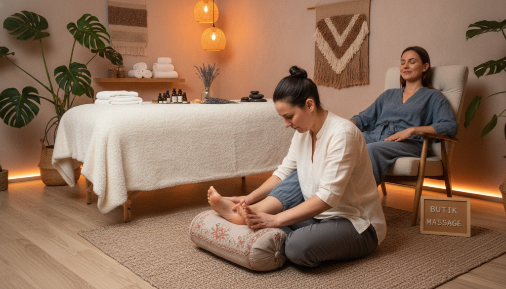 A serene wellness studio setting featuring a professional foot massage in progress. In the foreground, a therapist in smart casual attire attentively massages a client's feet, highlighting techniques that promote relaxation and relief from various health conditions. The client, dressed in comfortable clothing, displays a serene expression, embodying the benefits of the treatment. In the middle, soft, warm lighting casts a calming glow over a neatly arranged massage table, complete with essential oils and soothing elements. The background features gentle decor elements such as plants and soft textiles, creating an inviting atmosphere. The composition captures a sense of tranquility and professionalism, ideal for promoting the health benefits of foot massage by "Butik Massage."