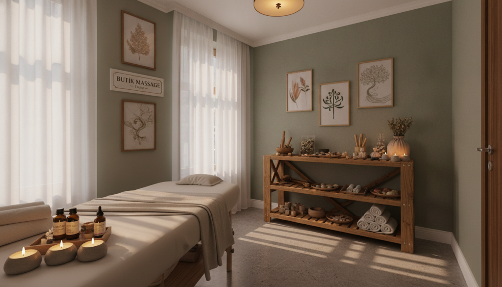 A soothing massage therapy room at Butik Massage, located in Taksim. The foreground features a neatly arranged therapy table with soft white linens, surrounded by calming essential oils and aromatic candles. In the middle, a wooden shelf holds various massage tools and carefully arranged herbal sachets, enhancing the therapeutic atmosphere. The background displays soft, muted walls adorned with serene artwork depicting nature and tranquility. Gentle, warm lighting creates an inviting ambiance, with diffused light filtering through sheer curtains, casting subtle shadows. The room exudes a peaceful vibe, perfect for relaxation and rejuvenation, inviting clients to experience the diverse types of massage services available in Taksim. The overall mood is tranquil, emphasizing well-being and comfort. A soothing massage therapy room at Butik Massage, located in Taksim. The foreground features a neatly arranged therapy table with soft white linens, surrounded by calming essential oils and aromatic candles. In the middle, a wooden shelf holds various massage tools and carefully arranged herbal sachets, enhancing the therapeutic atmosphere. The background displays soft, muted walls adorned with serene artwork depicting nature and tranquility. Gentle, warm lighting creates an inviting ambiance, with diffused light filtering through sheer curtains, casting subtle shadows. The room exudes a peaceful vibe, perfect for relaxation and rejuvenation, inviting clients to experience the diverse types of massage services available in Taksim. The overall mood is tranquil, emphasizing well-being and comfort.