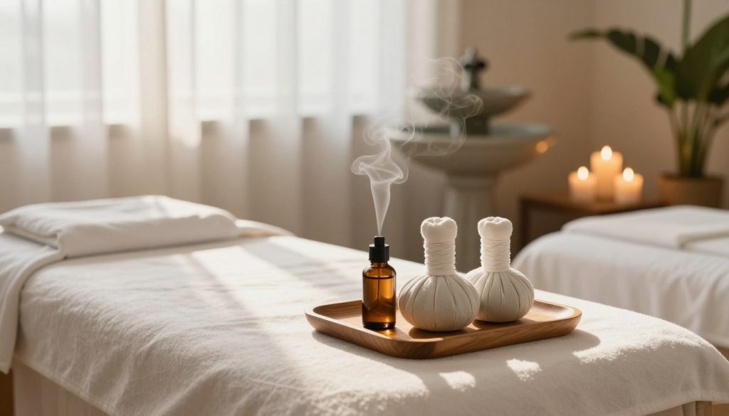 A tranquil and inviting massage therapy preparation scene featuring "Butique Massage" essentials. In the foreground, a neatly arranged massage table with soft, clean linens, aromatic oils, and herbal compresses on a stylish wooden tray. The middle layer showcases a calming ambiance with essential oil diffusers emitting gentle wisps of fragrant steam, soft candles casting warm light, and a peaceful water fountain in the background. The setting is bathed in warm, natural sunlight streaming through sheer curtains, enhancing the serene atmosphere. Add a hint of lush indoor plants for a refreshing touch. The overall mood is relaxing and rejuvenating, perfect for creating an ideal massage experience. Use a shallow depth of field to focus on the massage essentials while softly blurring the background components. A tranquil and inviting massage therapy preparation scene featuring "Butique Massage" essentials. In the foreground, a neatly arranged massage table with soft, clean linens, aromatic oils, and herbal compresses on a stylish wooden tray. The middle layer showcases a calming ambiance with essential oil diffusers emitting gentle wisps of fragrant steam, soft candles casting warm light, and a peaceful water fountain in the background. The setting is bathed in warm, natural sunlight streaming through sheer curtains, enhancing the serene atmosphere. Add a hint of lush indoor plants for a refreshing touch. The overall mood is relaxing and rejuvenating, perfect for creating an ideal massage experience. Use a shallow depth of field to focus on the massage essentials while softly blurring the background components.