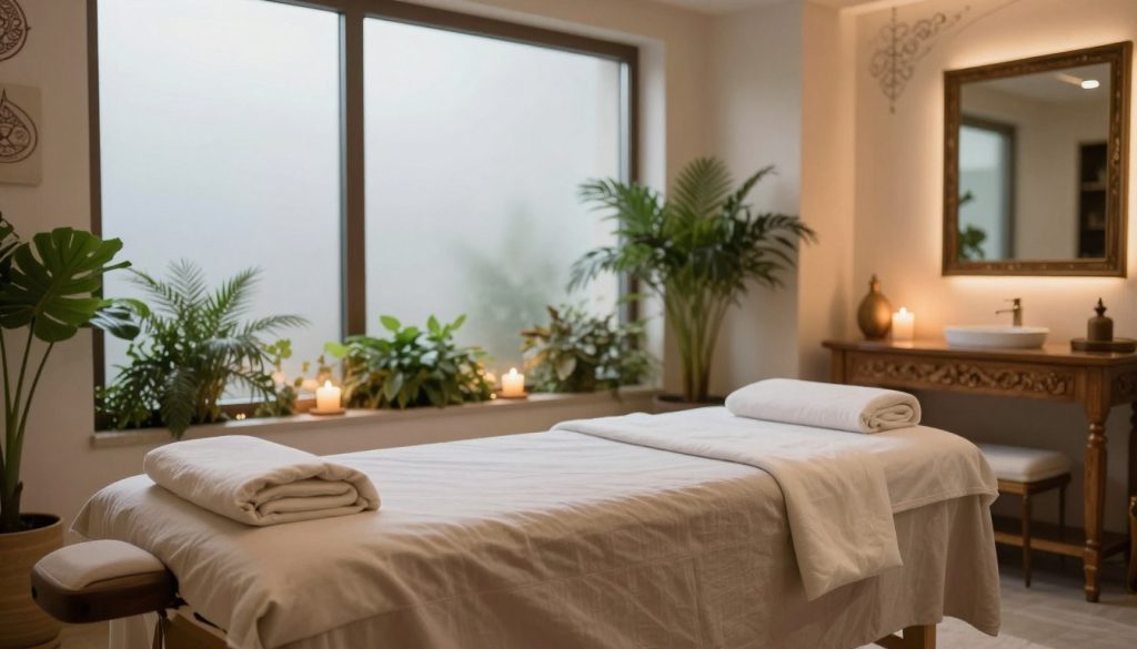 A tranquil massage therapy room in Istanbul, designed for wellness treatments. In the foreground, a comfortable massage table draped in soft, neutral linens. In the middle, plush greenery and calming candles create a soothing ambiance, while elegant wooden furniture adds a touch of luxury. The background features large, frosted windows allowing soft, natural light to filter in, enhancing the serene atmosphere. Subtle Turkish motifs decorate the walls, hinting at Istanbul's rich culture. The space is impeccably clean and organized, embodying a feeling of relaxation and rejuvenation. Soft, warm lighting emphasizes the peaceful mood. A sign reading "Butique Massage" is subtly displayed on a wall. The scene captures the essence of a restful escape, perfect for a massage visit. A tranquil massage therapy room in Istanbul, designed for wellness treatments. In the foreground, a comfortable massage table draped in soft, neutral linens. In the middle, plush greenery and calming candles create a soothing ambiance, while elegant wooden furniture adds a touch of luxury. The background features large, frosted windows allowing soft, natural light to filter in, enhancing the serene atmosphere. Subtle Turkish motifs decorate the walls, hinting at Istanbul's rich culture. The space is impeccably clean and organized, embodying a feeling of relaxation and rejuvenation. Soft, warm lighting emphasizes the peaceful mood. A sign reading "Butique Massage" is subtly displayed on a wall. The scene captures the essence of a restful escape, perfect for a massage visit.