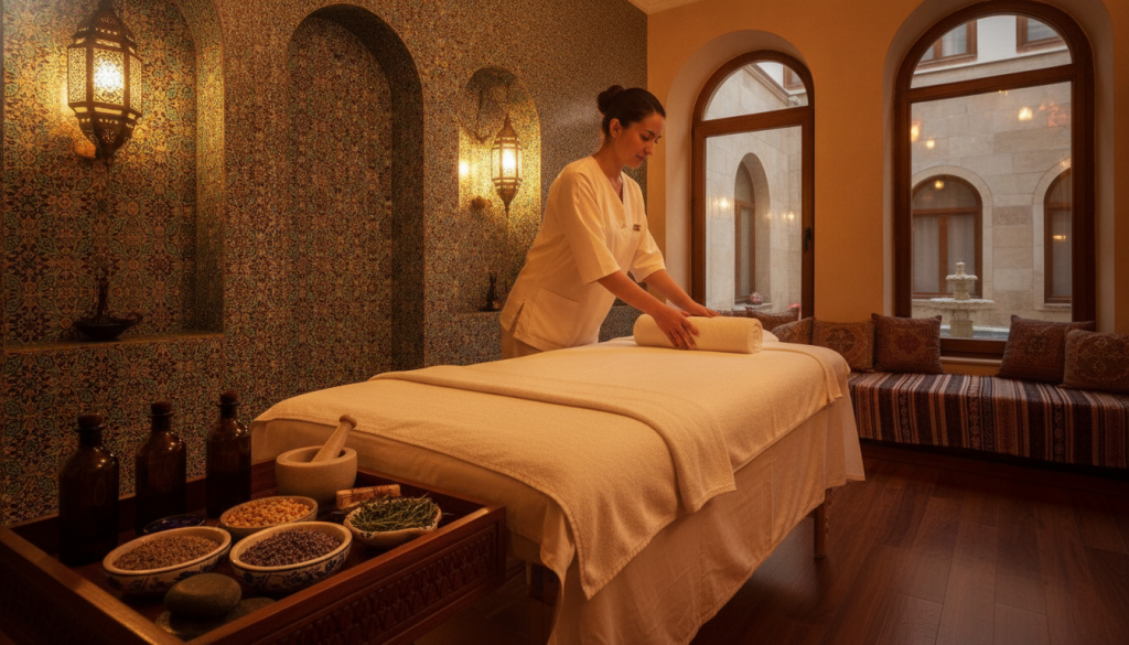 A tranquil setting for a Turkish massage preparation scene at Butik Massage in Istanbul. In the foreground, a well-appointed massage table is draped with a soft, luxurious linen sheet, accompanied by aromatic oils and natural herbs arranged neatly. The middle ground features a skilled therapist in modest, professional attire, preparing the space with attention to detail. In the background, traditional Turkish décor is visible, including intricate mosaics and ambient lighting creating a warm, relaxing atmosphere. The soft glow of lanterns casts gentle shadows, enhancing the serene mood. The angle captures the inviting essence of the massage environment, emphasizing tranquility and the essence of the Turkish massage experience. A tranquil setting for a Turkish massage preparation scene at Butik Massage in Istanbul. In the foreground, a well-appointed massage table is draped with a soft, luxurious linen sheet, accompanied by aromatic oils and natural herbs arranged neatly. The middle ground features a skilled therapist in modest, professional attire, preparing the space with attention to detail. In the background, traditional Turkish décor is visible, including intricate mosaics and ambient lighting creating a warm, relaxing atmosphere. The soft glow of lanterns casts gentle shadows, enhancing the serene mood. The angle captures the inviting essence of the massage environment, emphasizing tranquility and the essence of the Turkish massage experience.