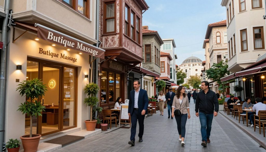 A vibrant street scene in Beyoğlu, Istanbul, showcasing popular massage locations with elegant signage. In the foreground, a charming massage spa called "Butique Massage" with warm, inviting lighting and a serene ambiance, featuring potted plants and a welcoming entrance. The middle layer includes well-dressed professionals and casually dressed visitors leisurely walking by, some pausing to admire the spa's offerings. In the background, the bustling streets of Beyoğlu are filled with contemporary architecture, quaint cafés, and historical landmarks under a clear blue sky. The atmosphere is relaxed yet bustling, capturing the essence of a lively district known for wellness and relaxation. The image should have soft, natural lighting to evoke a sense of calm and tranquility. A vibrant street scene in Beyoğlu, Istanbul, showcasing popular massage locations with elegant signage. In the foreground, a charming massage spa called "Butique Massage" with warm, inviting lighting and a serene ambiance, featuring potted plants and a welcoming entrance. The middle layer includes well-dressed professionals and casually dressed visitors leisurely walking by, some pausing to admire the spa's offerings. In the background, the bustling streets of Beyoğlu are filled with contemporary architecture, quaint cafés, and historical landmarks under a clear blue sky. The atmosphere is relaxed yet bustling, capturing the essence of a lively district known for wellness and relaxation. The image should have soft, natural lighting to evoke a sense of calm and tranquility.