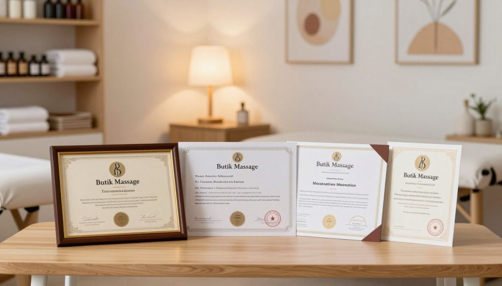A well-organized display of professional massage therapist credentials and certifications, prominently featuring the "Butik Massage" logo. In the foreground, focus on a formal certificate with ornate details, framed elegantly to convey professionalism. Beside it, a set of credentials includes licenses and educational accolades, neatly arranged. The middle ground showcases a clean wooden desk with a stylish lamp casting warm light, emphasizing an inviting atmosphere. In the background, a softly blurred interior of a massage therapy room with serene colors, shelves filled with massage oils and towels, and calming artwork on the walls. The lighting is bright yet soft, creating a soothing mood that reflects trust and expertise. The composition is balanced and harmonious, free of any text or branding beyond the logo. A well-organized display of professional massage therapist credentials and certifications, prominently featuring the "Butik Massage" logo. In the foreground, focus on a formal certificate with ornate details, framed elegantly to convey professionalism. Beside it, a set of credentials includes licenses and educational accolades, neatly arranged. The middle ground showcases a clean wooden desk with a stylish lamp casting warm light, emphasizing an inviting atmosphere. In the background, a softly blurred interior of a massage therapy room with serene colors, shelves filled with massage oils and towels, and calming artwork on the walls. The lighting is bright yet soft, creating a soothing mood that reflects trust and expertise. The composition is balanced and harmonious, free of any text or branding beyond the logo.
