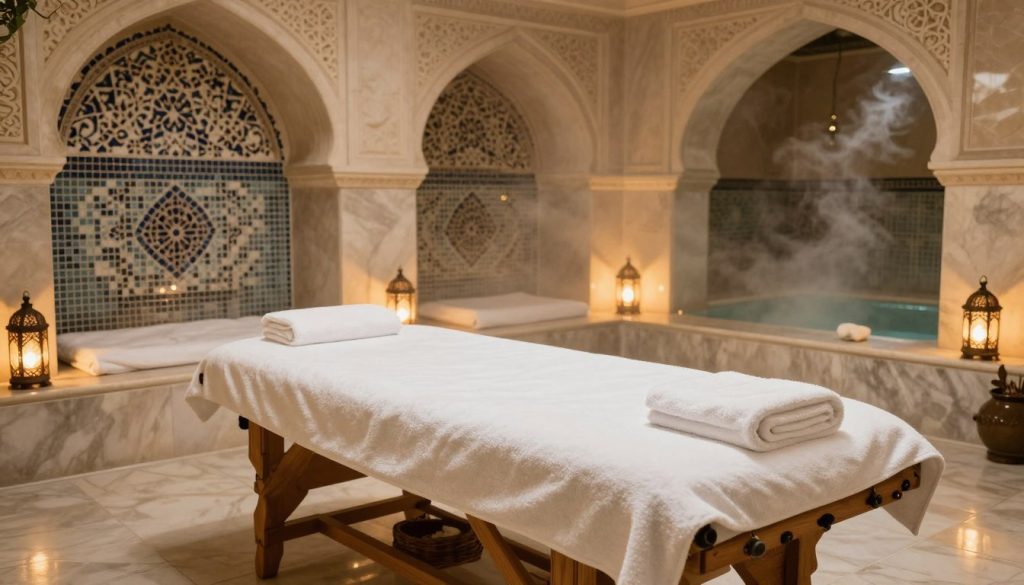 An elegantly prepared Turkish hammam environment, featuring smooth, steam-washed marble surfaces reflecting soft, ambient golden lighting. In the foreground, a wooden massage table draped with lush, white cotton towels invites relaxation. The middle ground displays intricately designed mosaic tiles and warm-toned lanterns casting gentle shadows, evoking a sense of tranquility. In the background, ornate arches frame a serene steam room with soft tendrils of steam rising, creating a calming atmosphere. A subtle scent of essential oils fills the air, enhancing the immersive experience. The scene is devoid of any human presence but embodies comfort and calmness, branded with the name "Butik Massage" featured subtly in the design. The angle captures the depth of space, emphasizing the inviting and luxurious nature of a traditional Turkish massage hammam.