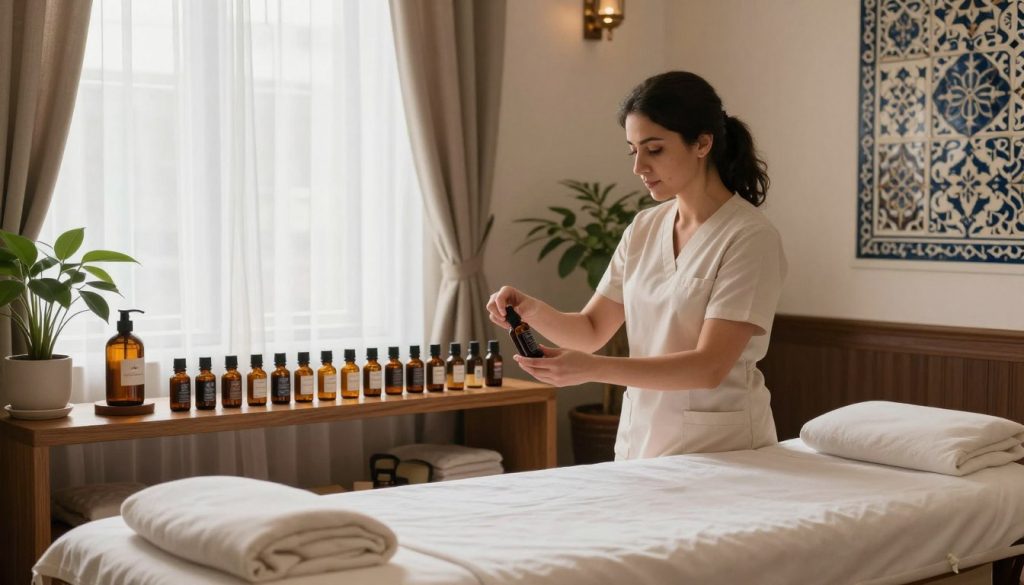 An experienced massage therapist in a serene, inviting treatment room in Istanbul, showcasing a diverse selection of aromatherapy oils on a sleek wooden shelf. In the foreground, a massage table is prepared with fresh linens, and soft, ambient lighting creates a warm atmosphere. The therapist, dressed in professional, modest attire, gently examines the oils, reflected in their focused expression. Natural light filters through sheer curtains, illuminating the space and highlighting a touch of greenery with potted plants. In the background, ornate decorative elements typical of Istanbul, such as intricate tile work and soft textiles, enhance the cultural ambiance. The overall mood is calming and restorative, emphasizing professionalism and expertise. Include the brand name "Butique Massage" subtly in the scene.