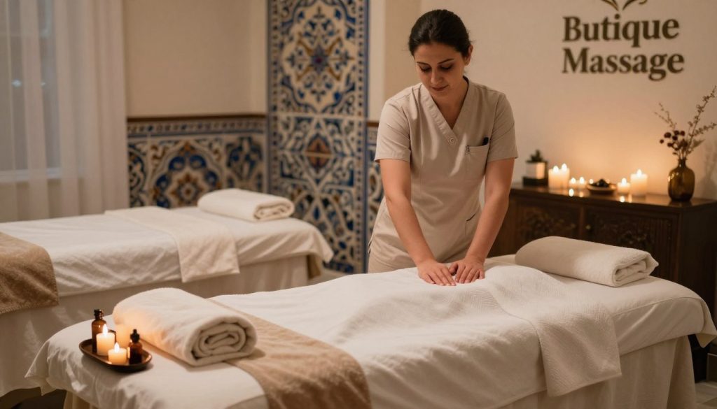 An intimate yet professional spa setting in Istanbul, showcasing a serene environment dedicated to various massage techniques. In the foreground, a well-organized massage table adorned with soft, luxurious linens, surrounded by candles and soothing essential oils. The middle ground features a skilled therapist in modest, professional attire, demonstrating a traditional Turkish massage technique. The background reveals ornate Turkish tiles and soft ambient lighting, enhancing a tranquil atmosphere. The image should be captured with a warm light filter, promoting a sense of relaxation and comfort. Incorporate elements like the brand name "Butique Massage" subtly within the decor, ensuring it complements the overall mood without being overpowering.