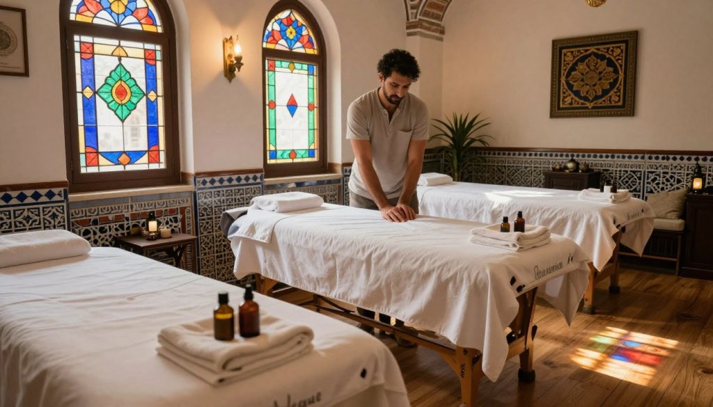 An inviting scene inside a historic wellness center in Sultanahmet, featuring a tranquil massage room. The foreground showcases a beautifully arranged massage table with fresh towels and aromatic oils, accentuating a warm, serene atmosphere. In the middle ground, a skilled masseuse in modest casual attire prepares for a session, demonstrating professionalism and care. Soft, natural light filters through ornate stained glass windows, creating colorful reflections on the wooden floor. In the background, traditional Turkish decor, including intricate tiles and ambient lighting, adds to the authenticity of the space. The brand name "Butique Massage" is subtly incorporated into the setting, enhancing the overall experience. The mood is calming and inviting, perfect for visitors seeking relaxation in the heart of the Old City. An inviting scene inside a historic wellness center in Sultanahmet, featuring a tranquil massage room. The foreground showcases a beautifully arranged massage table with fresh towels and aromatic oils, accentuating a warm, serene atmosphere. In the middle ground, a skilled masseuse in modest casual attire prepares for a session, demonstrating professionalism and care. Soft, natural light filters through ornate stained glass windows, creating colorful reflections on the wooden floor. In the background, traditional Turkish decor, including intricate tiles and ambient lighting, adds to the authenticity of the space. The brand name "Butique Massage" is subtly incorporated into the setting, enhancing the overall experience. The mood is calming and inviting, perfect for visitors seeking relaxation in the heart of the Old City.