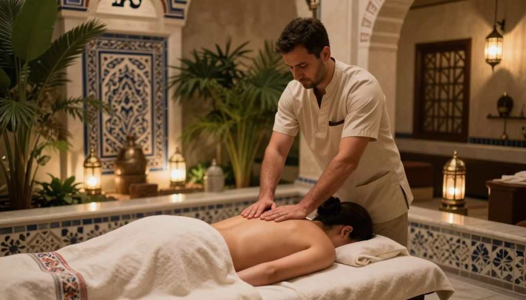 Authentic Turkish massage experience in a luxurious Nişantaşı hammam setting. In the foreground, a professional therapist in modest, professional attire is gently kneading the back of a client, who is draped in a soft, traditional Turkish towel. The middle ground features an ornate marble massage table surrounded by lush greenery and warm, ambient lighting that enhances the calming atmosphere. In the background, intricately designed tile work and traditional hammam architecture evoke a sense of cultural immersion. The soft glow of lanterns creates a serene ambiance, inviting relaxation. The scene embodies tranquility and luxury, ideal for a boutique massage experience – "Butique Massage". Capture this moment with a warm color palette and soft focus to enhance the feeling of peace and rejuvenation.