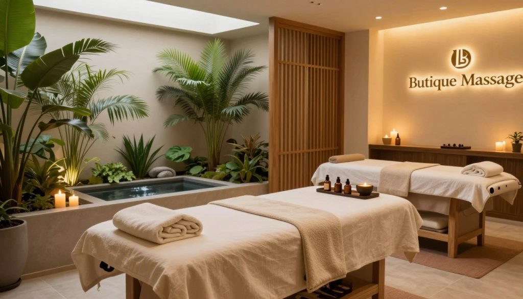 Holistic massage spa interior in Istanbul, featuring a serene and tranquil atmosphere. In the foreground, a beautifully arranged massage table adorned with soft, natural fabrics, flanked by aromatic essential oils and candles that create a soothing ambiance. The middle ground showcases lush greenery and a small water feature, enhancing the peaceful environment. In the background, elegant wooden partitions and warm lighting create a cozy setting, evoking feelings of relaxation and rejuvenation. The floors are covered in soft mats, and calming colors dominate the decor. The image portrays a professional, inviting spa scene with "Butique Massage" subtly integrated into the ambiance. Ideal for conveying the essence of aromatherapy massage experiences. Holistic massage spa interior in Istanbul, featuring a serene and tranquil atmosphere. In the foreground, a beautifully arranged massage table adorned with soft, natural fabrics, flanked by aromatic essential oils and candles that create a soothing ambiance. The middle ground showcases lush greenery and a small water feature, enhancing the peaceful environment. In the background, elegant wooden partitions and warm lighting create a cozy setting, evoking feelings of relaxation and rejuvenation. The floors are covered in soft mats, and calming colors dominate the decor. The image portrays a professional, inviting spa scene with "Butique Massage" subtly integrated into the ambiance. Ideal for conveying the essence of aromatherapy massage experiences.
