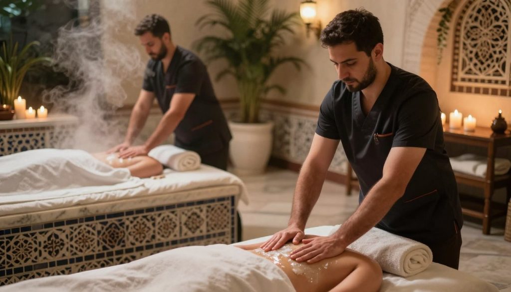 Qualified massage therapists in Istanbul demonstrating traditional hammam techniques in a luxurious spa setting. In the foreground, two therapists, dressed in professional business attire, are skillfully performing a soap massage using natural oils, surrounded by soft, muted lighting to create a tranquil atmosphere. In the middle, traditional hammam elements like marble benches, intricate tile work, and steam billowing gently in the air enhance the ambiance. The background features elegantly arranged candles and lush greenery, evoking a sense of relaxation. The composition should capture a serene mood, inviting viewers to appreciate the craftsmanship of Butique Massage, focusing on the artistry and skill involved in traditional therapies. Aim for a slightly elevated angle to showcase the therapists' expertise while maintaining a warm, welcoming glow in the lighting.