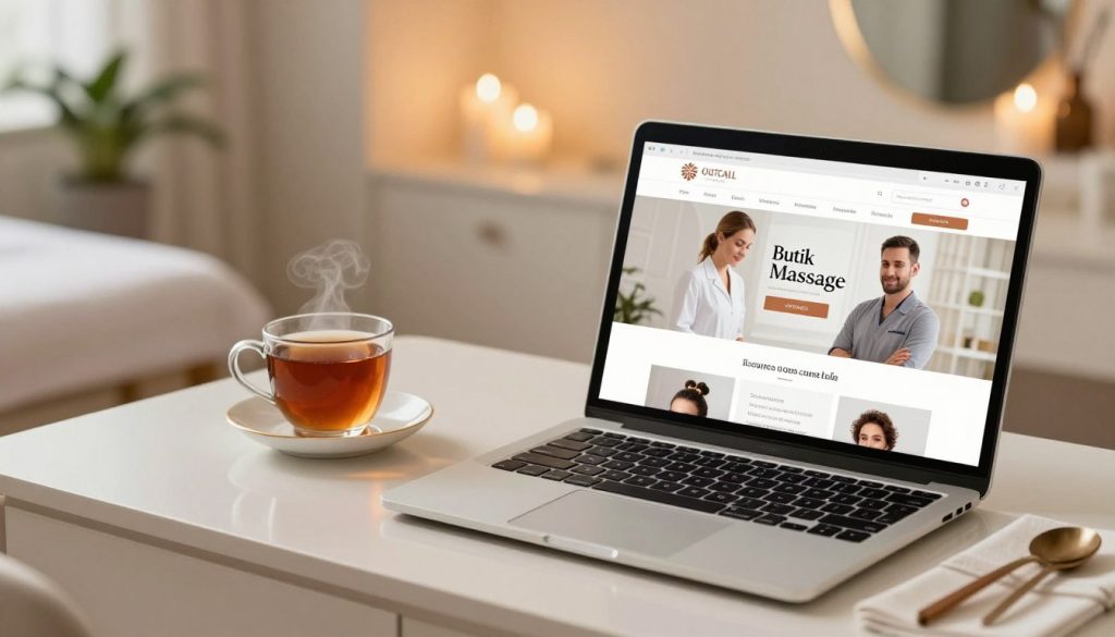 A beautifully arranged booking process for an outcall spa in Istanbul, featuring a stylish workspace. In the foreground, a sleek laptop displays a user-friendly website for "Butik Massage" with professional images of therapists. On the middle layer, a warm cup of tea or coffee rests beside the laptop, adding a cozy touch. The background features soft, ambient lighting that creates an inviting atmosphere, with elements like a plant and a clean, elegant desk. The scene conveys a sense of relaxation and professionalism, ensuring the image captures the essence of booking a soothing outcall massage in a city renowned for its hospitality. The composition is bright and well-lit, suggesting comfort and ease in the booking experience. A beautifully arranged booking process for an outcall spa in Istanbul, featuring a stylish workspace. In the foreground, a sleek laptop displays a user-friendly website for "Butik Massage" with professional images of therapists. On the middle layer, a warm cup of tea or coffee rests beside the laptop, adding a cozy touch. The background features soft, ambient lighting that creates an inviting atmosphere, with elements like a plant and a clean, elegant desk. The scene conveys a sense of relaxation and professionalism, ensuring the image captures the essence of booking a soothing outcall massage in a city renowned for its hospitality. The composition is bright and well-lit, suggesting comfort and ease in the booking experience.
