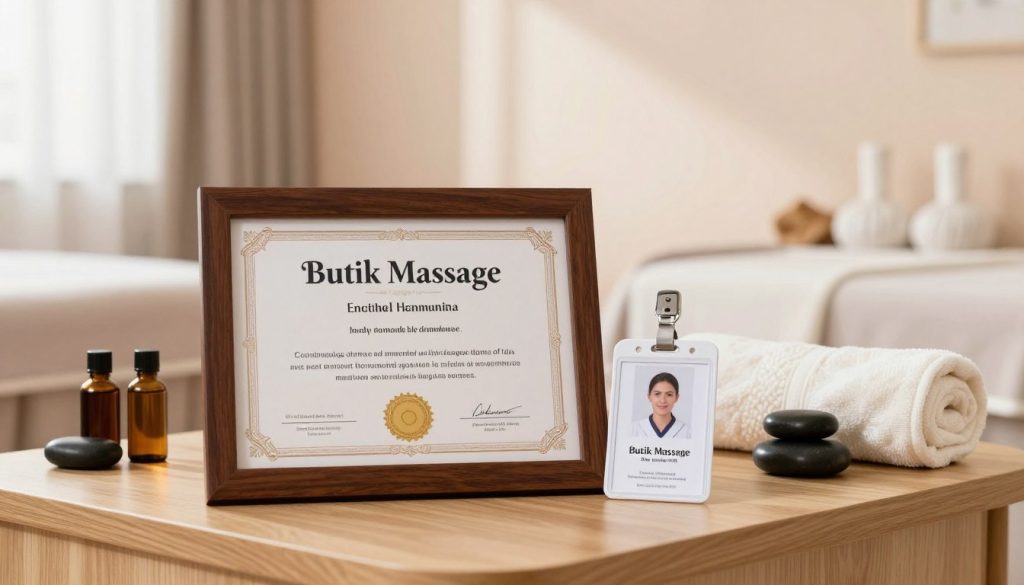 A beautifully arranged display of professional massage therapist credentials for "Butik Massage". The foreground features a wooden desk with a neatly framed certificate, highlighting the therapist's qualifications in massage therapy; the certificate should have ornate borders and a gold seal. Beside it, a professional-looking ID badge displaying the therapist's name and credentials is elegantly placed. In the middle ground, softly blurred massage tools like oils, stones, and towels imply a serene and inviting setting. The background shows a calming massage studio with light pastel walls and soft natural light filtering through sheer curtains, casting gentle shadows. The overall mood is tranquil and professional, embodying excellence in therapeutic practice, emphasizing the credentials and experience essential to massage therapy. A beautifully arranged display of professional massage therapist credentials for "Butik Massage". The foreground features a wooden desk with a neatly framed certificate, highlighting the therapist's qualifications in massage therapy; the certificate should have ornate borders and a gold seal. Beside it, a professional-looking ID badge displaying the therapist's name and credentials is elegantly placed. In the middle ground, softly blurred massage tools like oils, stones, and towels imply a serene and inviting setting. The background shows a calming massage studio with light pastel walls and soft natural light filtering through sheer curtains, casting gentle shadows. The overall mood is tranquil and professional, embodying excellence in therapeutic practice, emphasizing the credentials and experience essential to massage therapy.