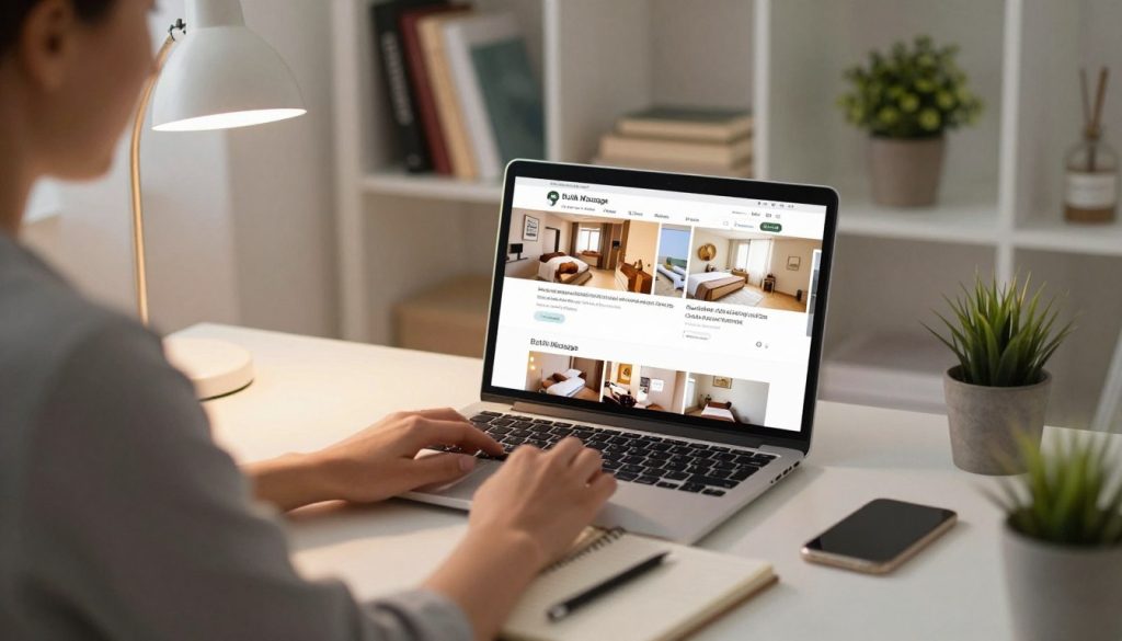A cozy, inviting workspace scene showing a person sitting at a desk, focused on a laptop screen displaying various websites for "Butik Massage" and other local massage studios. The foreground features the individual, dressed in smart casual attire, with a notebook and pen, surrounded by soft lighting from a desk lamp. In the middle, the laptop screen glows with vibrant images of massage studios and their services, highlighting relaxation and comfort. The background features a well-organized bookshelf with wellness books and a small indoor plant, adding a touch of tranquility. The atmosphere is calm and focused, perfect for researching local massage options. The image should be well-lit, capturing a warm, inviting vibe, with an angle that emphasizes the workspace setting without any distractions.