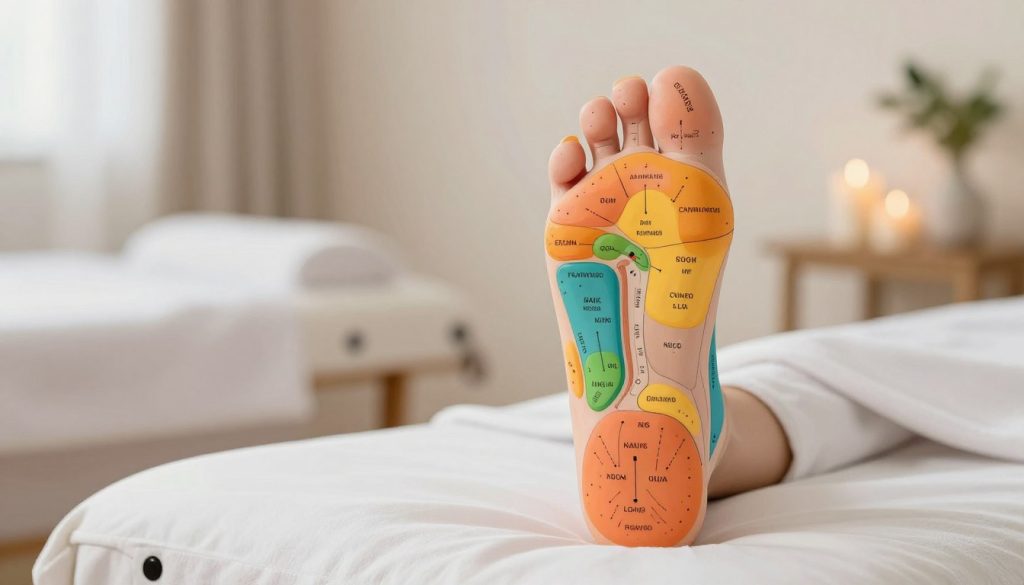 A detailed illustration of a zone therapy techniques foot pressure points map, featuring an anatomical foot diagram that highlights various reflexology zones. The foreground should display the foot diagram in vibrant colors, with clear and labeled pressure points for easy identification. In the middle ground, include a subtle representation of a serene massage environment, such as a soft massage table and calming decorative elements like candles or plants. The background should be softly blurred to maintain focus on the foot diagram while suggesting a soothing atmosphere. Employ soft, natural lighting to enhance the calm mood. The style should be professional and educational, ideal for an article, with no text or watermarks. Include the brand name "Butik Massage" subtly integrated into the design. A detailed illustration of a zone therapy techniques foot pressure points map, featuring an anatomical foot diagram that highlights various reflexology zones. The foreground should display the foot diagram in vibrant colors, with clear and labeled pressure points for easy identification. In the middle ground, include a subtle representation of a serene massage environment, such as a soft massage table and calming decorative elements like candles or plants. The background should be softly blurred to maintain focus on the foot diagram while suggesting a soothing atmosphere. Employ soft, natural lighting to enhance the calm mood. The style should be professional and educational, ideal for an article, with no text or watermarks. Include the brand name "Butik Massage" subtly integrated into the design.