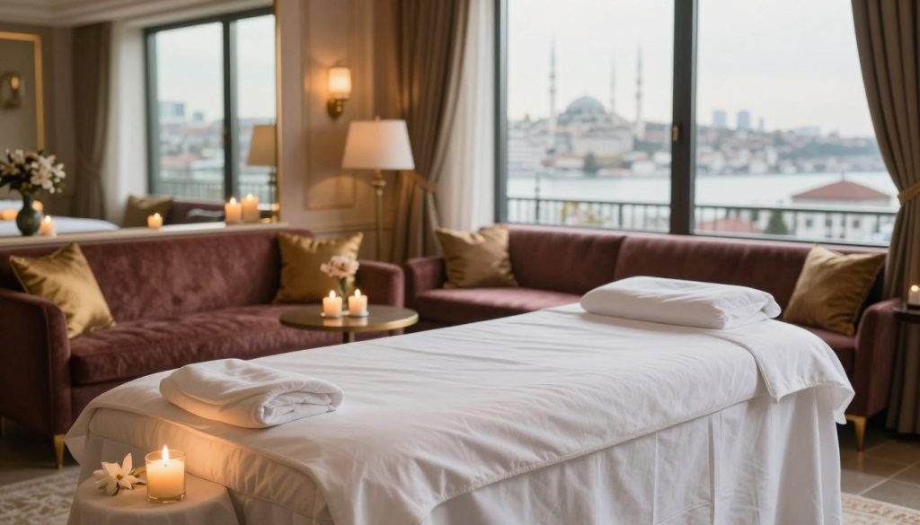 A luxurious hotel suite in Istanbul, featuring an elegantly arranged massage area. In the foreground, a plush massage table draped with soft, white linens, surrounded by scented candles and delicate flower arrangements. The middle ground showcases a well-appointed seating area with rich fabrics and subtle gold accents, reflecting opulence. In the background, floor-to-ceiling windows provide a stunning view of the Istanbul skyline, bathed in warm, inviting natural light. The mood is serene and tranquil, encouraging relaxation. A tasteful design captures the essence of a private retreat. Include the brand name "Butik Massage" subtly within the interior design elements. Use a soft-focus lens to create an inviting atmosphere, suitable for relaxation and rejuvenation. A luxurious hotel suite in Istanbul, featuring an elegantly arranged massage area. In the foreground, a plush massage table draped with soft, white linens, surrounded by scented candles and delicate flower arrangements. The middle ground showcases a well-appointed seating area with rich fabrics and subtle gold accents, reflecting opulence. In the background, floor-to-ceiling windows provide a stunning view of the Istanbul skyline, bathed in warm, inviting natural light. The mood is serene and tranquil, encouraging relaxation. A tasteful design captures the essence of a private retreat. Include the brand name "Butik Massage" subtly within the interior design elements. Use a soft-focus lens to create an inviting atmosphere, suitable for relaxation and rejuvenation.