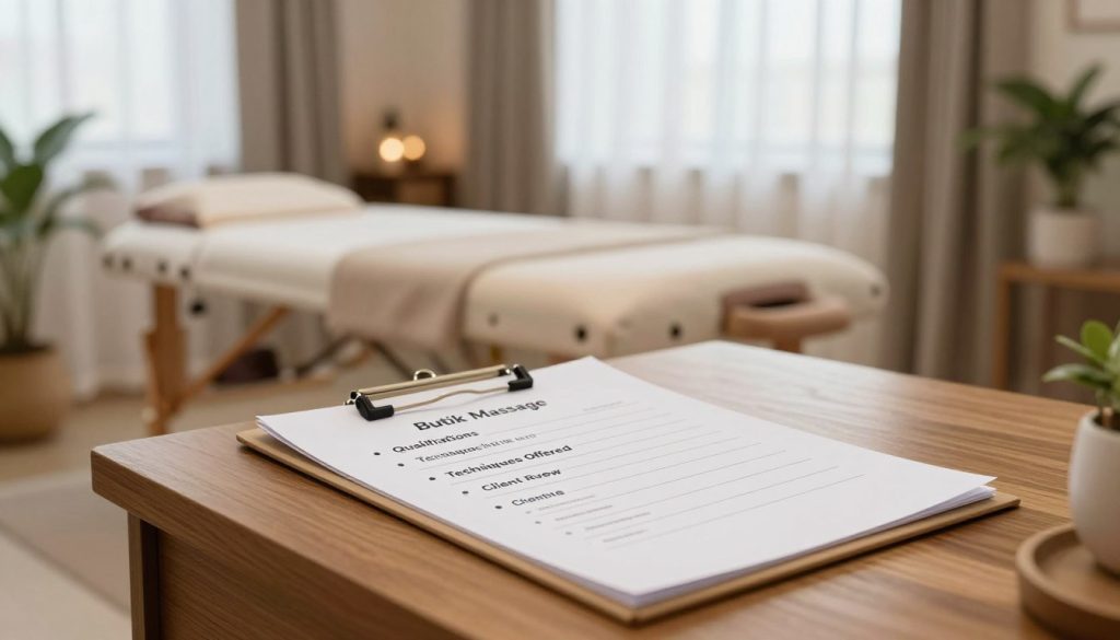 A professional evaluation checklist for massage services in Istanbul, designed for a relaxed yet focused atmosphere. In the foreground, a checklist on a wooden desk features bullet points such as “Qualifications,” “Techniques Offered,” and “Client Reviews.” The middle ground showcases a calming setting with soft lighting, a massage room with tranquil decor, and a comfortable massage table. In the background, there are hints of green plants and soothing colors, enhancing a peaceful vibe. The scene is well-lit with natural light filtering through sheer curtains, creating a warm and inviting ambiance. The mood reflects professionalism and tranquility, illustrating the careful consideration needed in choosing a therapist. Include the brand name "Butik Massage" subtly within the scene. A professional evaluation checklist for massage services in Istanbul, designed for a relaxed yet focused atmosphere. In the foreground, a checklist on a wooden desk features bullet points such as “Qualifications,” “Techniques Offered,” and “Client Reviews.” The middle ground showcases a calming setting with soft lighting, a massage room with tranquil decor, and a comfortable massage table. In the background, there are hints of green plants and soothing colors, enhancing a peaceful vibe. The scene is well-lit with natural light filtering through sheer curtains, creating a warm and inviting ambiance. The mood reflects professionalism and tranquility, illustrating the careful consideration needed in choosing a therapist. Include the brand name "Butik Massage" subtly within the scene.