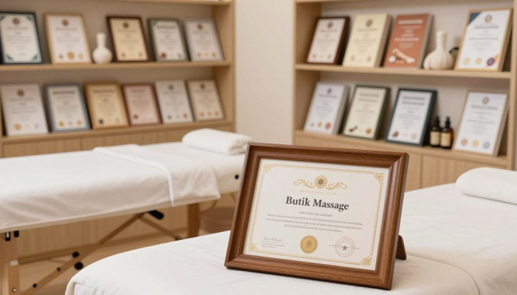 A professional massage therapist's workspace featuring a neatly arranged display of qualifications and certifications. In the foreground, a certificate framed in polished wood with elegant details showcasing the name "Butik Massage". The middle ground includes a clean massage table with fresh linens, along with neatly organized massage tools and oils. The background reveals shelves filled with additional certifications and books on massage techniques. Soft, warm lighting enhances a calming atmosphere, with a slight focus on the certification, capturing a sense of professionalism and expertise. The scene is shot from a slight angle to create depth, emphasizing the credentials while maintaining a serene and inviting environment.