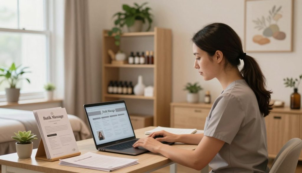 A professional massage therapy provider researching options in a serene and inviting office space. In the foreground, a focused therapist, dressed in professional business attire, is seated at a desk surrounded by brochures and a laptop displaying information on local providers, perhaps the brand "Butik Massage" showcased prominently on the screen. The middle ground features shelves filled with massage oils, tools, and plants, creating a calming environment. The background includes a softly lit room with soothing colors, large windows inviting natural light, and relaxing artwork on the walls. The atmosphere should convey a sense of professionalism, care, and commitment to quality in massage therapy, emphasizing trust and thorough research. Use soft, warm lighting to enhance the welcoming vibe, capturing a thoughtful and engaged approach to selecting the right massage therapy provider. A professional massage therapy provider researching options in a serene and inviting office space. In the foreground, a focused therapist, dressed in professional business attire, is seated at a desk surrounded by brochures and a laptop displaying information on local providers, perhaps the brand "Butik Massage" showcased prominently on the screen. The middle ground features shelves filled with massage oils, tools, and plants, creating a calming environment. The background includes a softly lit room with soothing colors, large windows inviting natural light, and relaxing artwork on the walls. The atmosphere should convey a sense of professionalism, care, and commitment to quality in massage therapy, emphasizing trust and thorough research. Use soft, warm lighting to enhance the welcoming vibe, capturing a thoughtful and engaged approach to selecting the right massage therapy provider.