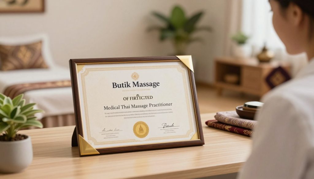 A professional office setting featuring a well-organized desk with a certificate of qualifications for a Medical Thai Massage Practitioner prominently displayed. The certificate, elegantly framed, showcases the name "Butik Massage" at the top, including gold seals and intricate designs that convey authenticity. In the background, a softly blurred view of a serene wellness studio with Thai decor, such as traditional massage mats and calming plants. Use warm, natural lighting to enhance the inviting atmosphere, creating a sense of professionalism and expertise. Capture the image from a slight angle to give depth, ensuring a visually pleasing composition that reflects trust and credibility in finding a qualified practitioner. A professional office setting featuring a well-organized desk with a certificate of qualifications for a Medical Thai Massage Practitioner prominently displayed. The certificate, elegantly framed, showcases the name "Butik Massage" at the top, including gold seals and intricate designs that convey authenticity. In the background, a softly blurred view of a serene wellness studio with Thai decor, such as traditional massage mats and calming plants. Use warm, natural lighting to enhance the inviting atmosphere, creating a sense of professionalism and expertise. Capture the image from a slight angle to give depth, ensuring a visually pleasing composition that reflects trust and credibility in finding a qualified practitioner.