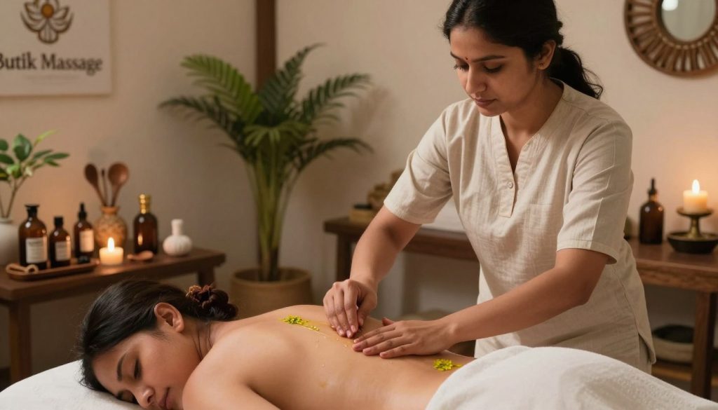 A serene Ayurvedic massage setting reflecting the art of dosha balancing treatment. In the foreground, a skilled therapist, dressed in modest and professional attire, gently applies warm, herbal oil to a client's back, highlighting the use of traditional techniques. The therapist's focused expression conveys deep concentration and care. In the middle ground, various Ayurvedic oils and tools are artfully arranged, showcasing intricate bottles and wooden implements, symbolizing the practice's richness. The background features a tranquil room adorned with plants and soft, ambient lighting that creates a soothing atmosphere. The overall color palette is warm and earthy, suggesting healing and relaxation. The brand name "Butik Massage" subtly integrated into the décor enhances the professionalism of the scene. This image visually encapsulates the essence of Ayurvedic massage and the importance of dosha balance in the treatment experience.