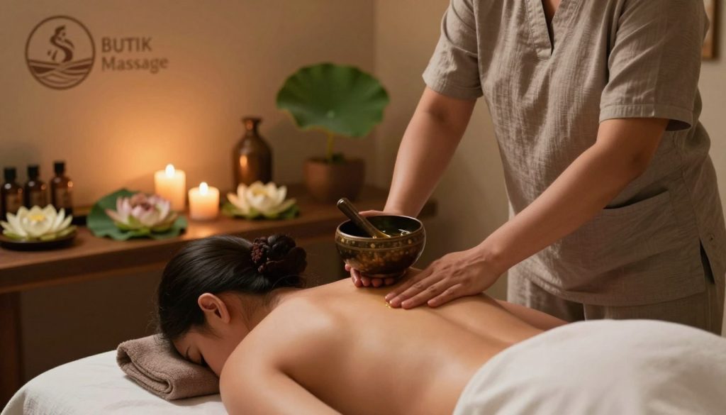 A serene Ayurvedic massage setting showcasing the abhyanga oil massage technique. In the foreground, a skilled therapist, dressed in modest casual attire, uses warm herbal oil from a traditional bowl to gently massage the shoulders of a relaxed client on a massage table. The middle layer features soothing, natural elements like lotus flowers and scented candles, enhancing the tranquil atmosphere. In the background, soft, ambient lighting casts a warm glow across the room, complemented by earthy tones of brown and green. Include subtle details like a Butik Massage logo on a nearby wall and essential oil bottles arranged elegantly. The overall mood is calm, peaceful, and holistic, inviting relaxation and well-being.