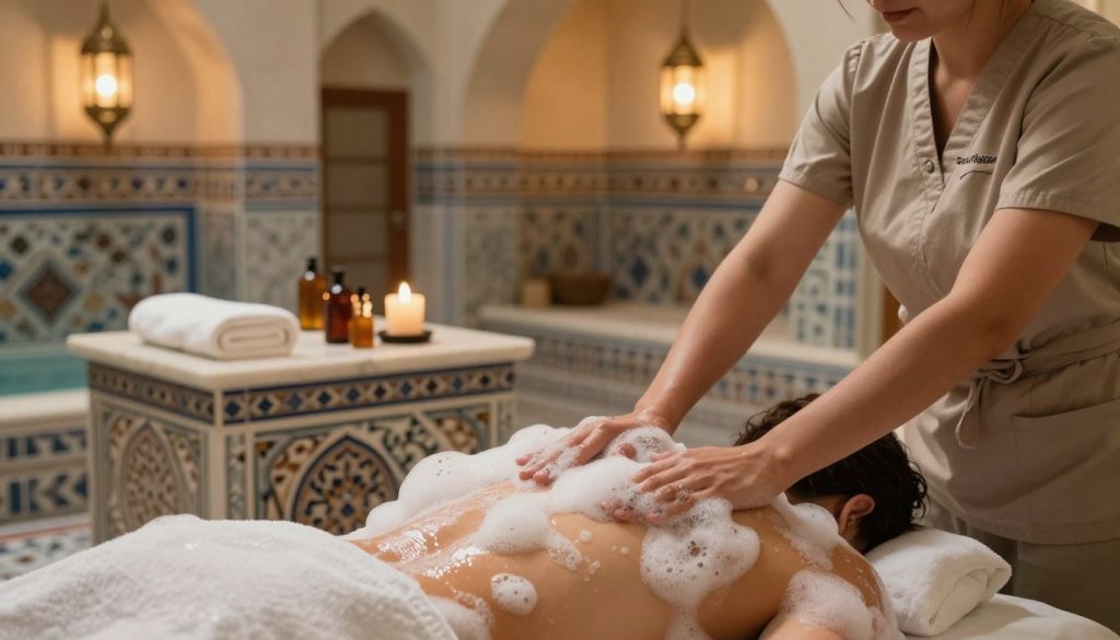A serene Turkish bath setting, emphasizing a foam massage session's duration. In the foreground, a professional therapist attentively applies rich, creamy foam to a client's back, both dressed in modest, comfortable attire. Bubbles glisten in the soft, warm light reflecting from ornate tiles. In the middle ground, a beautifully decorated marble table with towels and aromatic oils enhances the peaceful ambiance. The background showcases traditional Turkish bath architecture, with softly lit arches and hanging lanterns casting a gentle glow. The atmosphere is tranquil and inviting, conveying relaxation and wellness. The brand name "Butik Massage" subtly incorporated into the scene, enhancing brand identity without overwhelming the composition. The overall lighting is warm and inviting, creating a comforting and serene mood. A serene Turkish bath setting, emphasizing a foam massage session's duration. In the foreground, a professional therapist attentively applies rich, creamy foam to a client's back, both dressed in modest, comfortable attire. Bubbles glisten in the soft, warm light reflecting from ornate tiles. In the middle ground, a beautifully decorated marble table with towels and aromatic oils enhances the peaceful ambiance. The background showcases traditional Turkish bath architecture, with softly lit arches and hanging lanterns casting a gentle glow. The atmosphere is tranquil and inviting, conveying relaxation and wellness. The brand name "Butik Massage" subtly incorporated into the scene, enhancing brand identity without overwhelming the composition. The overall lighting is warm and inviting, creating a comforting and serene mood.