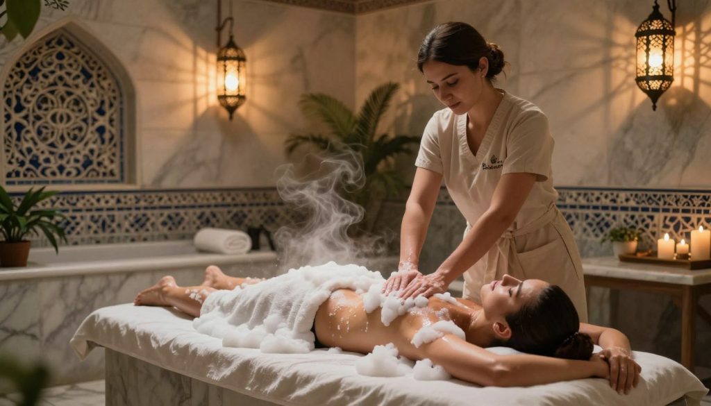 A serene Turkish bath setting, with marble walls and intricate tile patterns creating an exotic atmosphere. In the foreground, a skilled therapist in modest attire is performing a foam massage on a client, who is comfortably reclined on a traditional marble slab. The foam is fluffy and glistening, highlighting the pampering nature of the treatment. In the middle ground, soft, ambient lighting bathes the scene in a warm glow, with gentle steam rising to create a tranquil ambiance. The background features ornate lanterns casting intricate shadows and lush plants enhancing the relaxing vibes. The scene is a visual representation of the soothing and rejuvenating process of foam massage. Branding elements of "Butik Massage" subtly integrated into the setting. A serene Turkish bath setting, with marble walls and intricate tile patterns creating an exotic atmosphere. In the foreground, a skilled therapist in modest attire is performing a foam massage on a client, who is comfortably reclined on a traditional marble slab. The foam is fluffy and glistening, highlighting the pampering nature of the treatment. In the middle ground, soft, ambient lighting bathes the scene in a warm glow, with gentle steam rising to create a tranquil ambiance. The background features ornate lanterns casting intricate shadows and lush plants enhancing the relaxing vibes. The scene is a visual representation of the soothing and rejuvenating process of foam massage. Branding elements of "Butik Massage" subtly integrated into the setting.