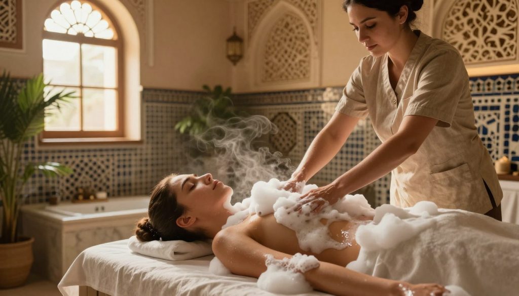 A serene Turkish hammam interior, softly illuminated by warm, golden light filtering through ornate windows. In the foreground, a professional therapist, wearing a modest linen uniform, gently pours fluffy foam over a relaxed client who is comfortably reclining on a heated marble slab. The therapist's hands are skillfully applying the foam, creating an atmosphere of tranquility and pampering. In the middle, traditional mosaic tiles and lush indoor plants enhance the space's elegance. The background features intricately designed arches and soft steam rising, adding a sense of warmth and comfort. The overall mood is peaceful and indulgent, capturing the essence of the foam massage ritual at Butik Massage, emphasizing relaxation and rejuvenation.