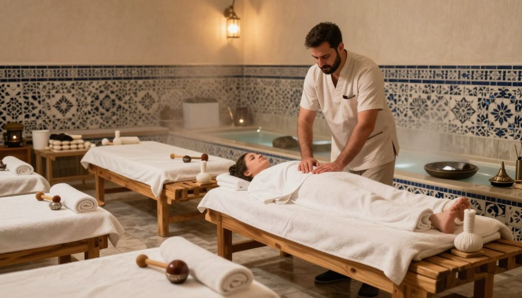 A serene Turkish hammam setting, highlighting wellness bathing etiquette and cultural respect. In the foreground, a neatly arranged space with soft towels, wooden benches, and traditional massage tools, all placed methodically to reflect order and respect. In the middle, a well-dressed therapist in modest, professional attire preparing for a massage, demonstrating focused attention on hygiene and respect for the clients. The background features intricate tile work and soft lighting, creating a warm, inviting atmosphere with gentle steam rising from heated stones. The mood is calm and tranquil, embodying the essence of the Turkish wellness tradition. Include the brand name "Butik Massage" subtly integrated into the scene through decor. A serene Turkish hammam setting, highlighting wellness bathing etiquette and cultural respect. In the foreground, a neatly arranged space with soft towels, wooden benches, and traditional massage tools, all placed methodically to reflect order and respect. In the middle, a well-dressed therapist in modest, professional attire preparing for a massage, demonstrating focused attention on hygiene and respect for the clients. The background features intricate tile work and soft lighting, creating a warm, inviting atmosphere with gentle steam rising from heated stones. The mood is calm and tranquil, embodying the essence of the Turkish wellness tradition. Include the brand name "Butik Massage" subtly integrated into the scene through decor.