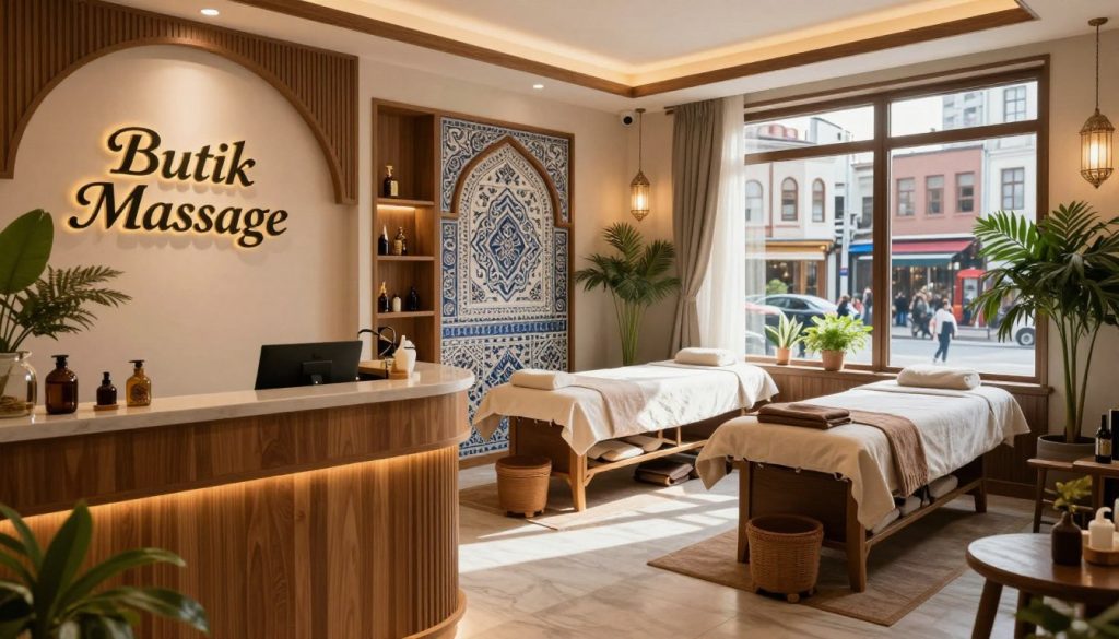 A serene Turkish massage spa in Istanbul, featuring the brand name "Butik Massage" prominently displayed in an elegant script. In the foreground, a calm and inviting reception area with soft, ambient lighting, wooden accents, and lush indoor plants creating a soothing atmosphere. The middle ground showcases treatment rooms with traditional Turkish decor, ornate tile patterns, and plush massage tables set for a relaxing experience. In the background, large windows reveal a glimpse of bustling Istanbul streets, hinting at the vibrant life outside. Soft natural light filters through, casting gentle shadows and enhancing the tranquil mood. The overall atmosphere is one of luxury and relaxation, perfect for those seeking peace in the heart of Istanbul. A serene Turkish massage spa in Istanbul, featuring the brand name "Butik Massage" prominently displayed in an elegant script. In the foreground, a calm and inviting reception area with soft, ambient lighting, wooden accents, and lush indoor plants creating a soothing atmosphere. The middle ground showcases treatment rooms with traditional Turkish decor, ornate tile patterns, and plush massage tables set for a relaxing experience. In the background, large windows reveal a glimpse of bustling Istanbul streets, hinting at the vibrant life outside. Soft natural light filters through, casting gentle shadows and enhancing the tranquil mood. The overall atmosphere is one of luxury and relaxation, perfect for those seeking peace in the heart of Istanbul.
