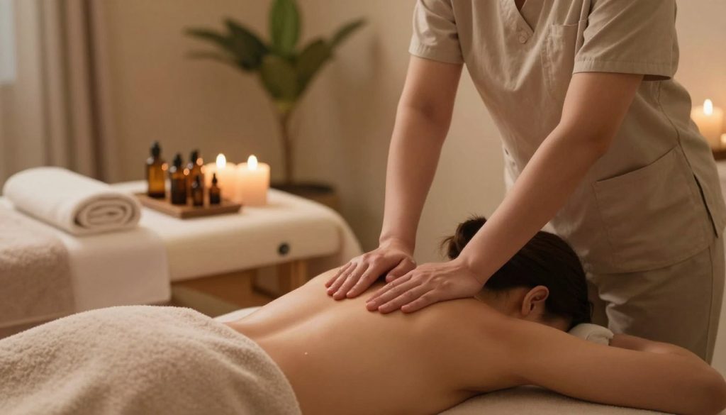 A serene aftercare scene following a warm oil massage therapy session. In the foreground, a professional massage therapist in modest, casual attire is gently applying soothing essential oil to a client's back, who is comfortably draped with a soft towel. The middle layer features an inviting massage table and neatly arranged aromatherapy oils and candles, enhancing the relaxing atmosphere. The background consists of a softly lit room with calming earthy tones, plants, and soft textures. Warm, diffused lighting creates a tranquil ambiance, and a slight lens blur adds a dreamy quality. The overall mood should convey relaxation and rejuvenation, fitting for Butik Massage, emphasizing care and wellness. A serene aftercare scene following a warm oil massage therapy session. In the foreground, a professional massage therapist in modest, casual attire is gently applying soothing essential oil to a client's back, who is comfortably draped with a soft towel. The middle layer features an inviting massage table and neatly arranged aromatherapy oils and candles, enhancing the relaxing atmosphere. The background consists of a softly lit room with calming earthy tones, plants, and soft textures. Warm, diffused lighting creates a tranquil ambiance, and a slight lens blur adds a dreamy quality. The overall mood should convey relaxation and rejuvenation, fitting for Butik Massage, emphasizing care and wellness.