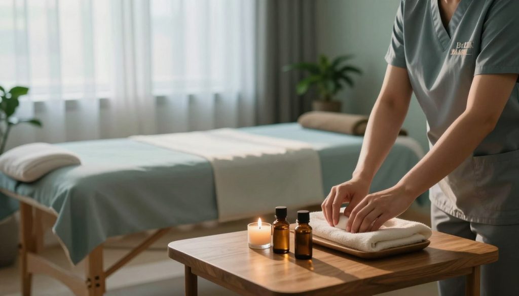 A serene and calming massage therapy preparation scene set in a tranquil room. In the foreground, a massage therapist in professional attire organizes aromatherapy oils and candles on a soft, wooden table. The middle ground features a massage table draped in clean linens, with a soothing blue and green color palette that creates a relaxing atmosphere. Natural light filters through sheer curtains, casting gentle shadows and illuminating the space with a warm glow. In the background, potted plants add a touch of nature, enhancing the calming environment. The overall mood is peaceful and inviting, embodying the essence of “Butik Massage.” Focus on warmth, serenity, and a professional, welcoming environment conducive to stress relief and relaxation.