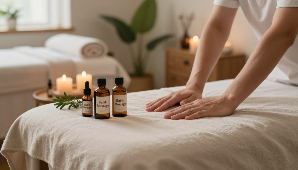 A serene and calming therapeutic massage setting featuring a well-organized massage table draped in soft, neutral linens. In the foreground, a pair of skilled hands gently applying quality aromatic oils from elegantly designed bottles labeled "Butik Massage." The middle ground showcases a peaceful atmosphere with soothing candles and fresh herbs, enhancing the sense of relaxation. Soft, warm lighting casts a gentle glow, creating a tranquil ambiance. The background portrays a beautifully decorated room with natural elements, such as plants and natural wood accents, promoting a holistic feel. The mood is peaceful and restorative, inviting the viewer to experience the healing power of quality massage products. The image focuses on the soothing essence of touch, professionalism, and the importance of high-quality oils in a therapeutic massage. A serene and calming therapeutic massage setting featuring a well-organized massage table draped in soft, neutral linens. In the foreground, a pair of skilled hands gently applying quality aromatic oils from elegantly designed bottles labeled "Butik Massage." The middle ground showcases a peaceful atmosphere with soothing candles and fresh herbs, enhancing the sense of relaxation. Soft, warm lighting casts a gentle glow, creating a tranquil ambiance. The background portrays a beautifully decorated room with natural elements, such as plants and natural wood accents, promoting a holistic feel. The mood is peaceful and restorative, inviting the viewer to experience the healing power of quality massage products. The image focuses on the soothing essence of touch, professionalism, and the importance of high-quality oils in a therapeutic massage.