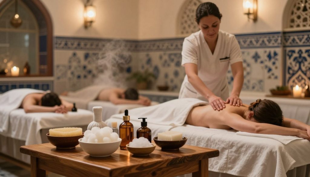 A serene and inviting Turkish bath scene showcasing various massage options: in the foreground, a wooden table with neatly arranged items representing a scrub, foam, and oil massage, beautifully presented in elegant bowls. In the middle, a skilled therapist in modest attire gracefully demonstrates each massage type, exuding professionalism and tranquility. The background features a traditional Turkish bath with intricate tile work, soft ambient lighting enhancing the warmth of the space. Gentle steam blurs the distant outlines, creating a soothing atmosphere. The overall mood is calm, welcoming, and focused on relaxation. Include the brand name "Butik Massage" subtly, ensuring it complements the elegant design without distractions.