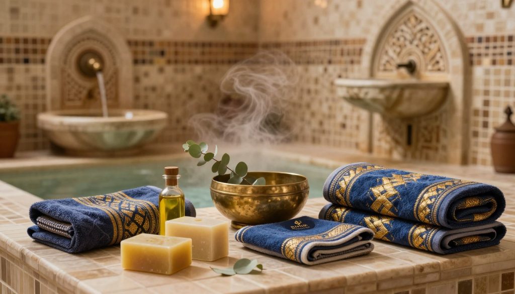A serene and inviting Turkish hammam therapy preparation scene. In the foreground, neatly arranged essentials like natural olive oil soap, colorful patterned towels in rich shades of blue and gold, and a beautiful brass massage bowl with fresh eucalyptus leaves. The middle ground features a steam-filled mosaic tiled wall, soft lighting illuminating the warm, earthy colors. In the background, an intricately designed stone fountain adds a tranquil atmosphere. The composition captures the cozy ambiance of the hammam, with gentle steam rising and the sound of water softly flowing. The lighting is warm and diffused, creating a soothing and relaxing mood that emphasizes purity and wellness. A discreet brand logo for "Butik Massage" subtly placed on one towel, ensuring a professional presentation. A serene and inviting Turkish hammam therapy preparation scene. In the foreground, neatly arranged essentials like natural olive oil soap, colorful patterned towels in rich shades of blue and gold, and a beautiful brass massage bowl with fresh eucalyptus leaves. The middle ground features a steam-filled mosaic tiled wall, soft lighting illuminating the warm, earthy colors. In the background, an intricately designed stone fountain adds a tranquil atmosphere. The composition captures the cozy ambiance of the hammam, with gentle steam rising and the sound of water softly flowing. The lighting is warm and diffused, creating a soothing and relaxing mood that emphasizes purity and wellness. A discreet brand logo for "Butik Massage" subtly placed on one towel, ensuring a professional presentation.