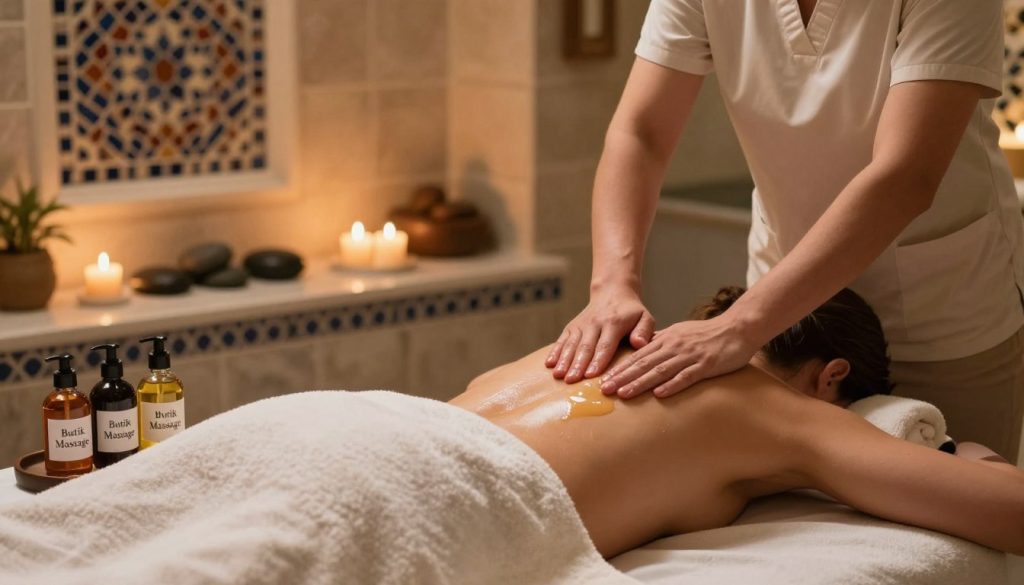 A serene and inviting Turkish spa setting, featuring a well-appointed massage table adorned with soft, fresh towels and aromatic oils in elegant glass bottles labeled 'Butik Massage'. In the foreground, a skilled therapist in modest attire gently applies warm oil to a client's back, emphasizing a sense of tranquility and professionalism. The middle ground showcases soothing elements like smooth stones and candles, creating a calming atmosphere. The background reveals warm, ambient lighting with intricate mosaic tile patterns typical of a Turkish bath, adding an authentic touch. The overall mood is relaxing and rejuvenating, ideal for illustrating the concept of oil massage in a therapeutic spa environment.